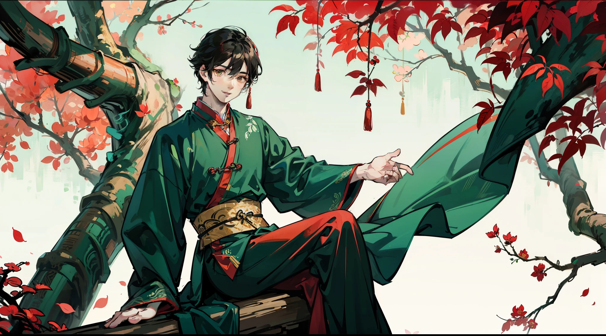 tmasterpiece,hightquality,1 person,male people,ssmile,Short,Handsome male,Chinese classical handsome boy,Chinese classical handsome boy,Dark green ancient Chinese clothing,Play,Sitting under a tree with red leaves,Ink painting style。
