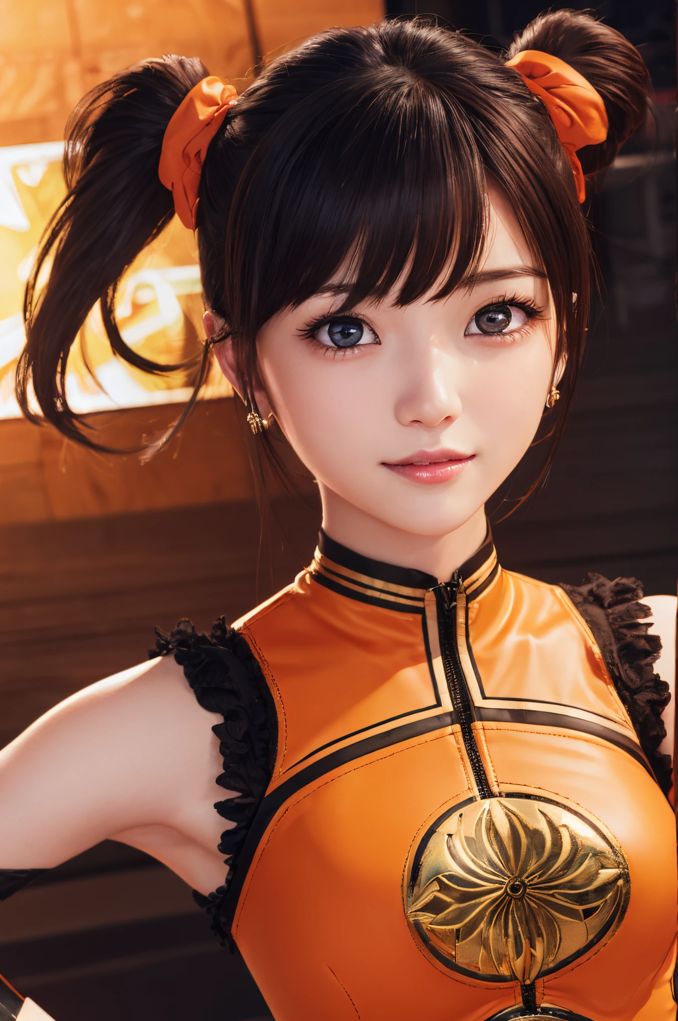 top-quality, 8K, ultra-detailliert, Photorealsitic, Beautiful face, Lin Xiaoyu, Lin Xiaoyu, (Black hair:1.3), (Brown eyes:1.4), swept bangs, Twin-tailed, (Small breasts:1.2), BREAK black gloves, Bracelet, Chinese leather trim:1.4), Fingerless gloves, gloves, mary janes, Orange footwear, shoes, single glove, Sleeveless, Dress, Orange dress, BREAK looking at viewer, Break indoors, BREAK (masutepiece:1.2), Best Quality, High resolution, Unity 8k壁纸, (Illustration:0.8), (Beautiful detailed eyes:1.6), extra detailed face, Perfect Lighting, extremely details CG, (Perfect hands, Perfect Anatomy), 1girll, (Arena background:1.2), kawaii faces, Laughing