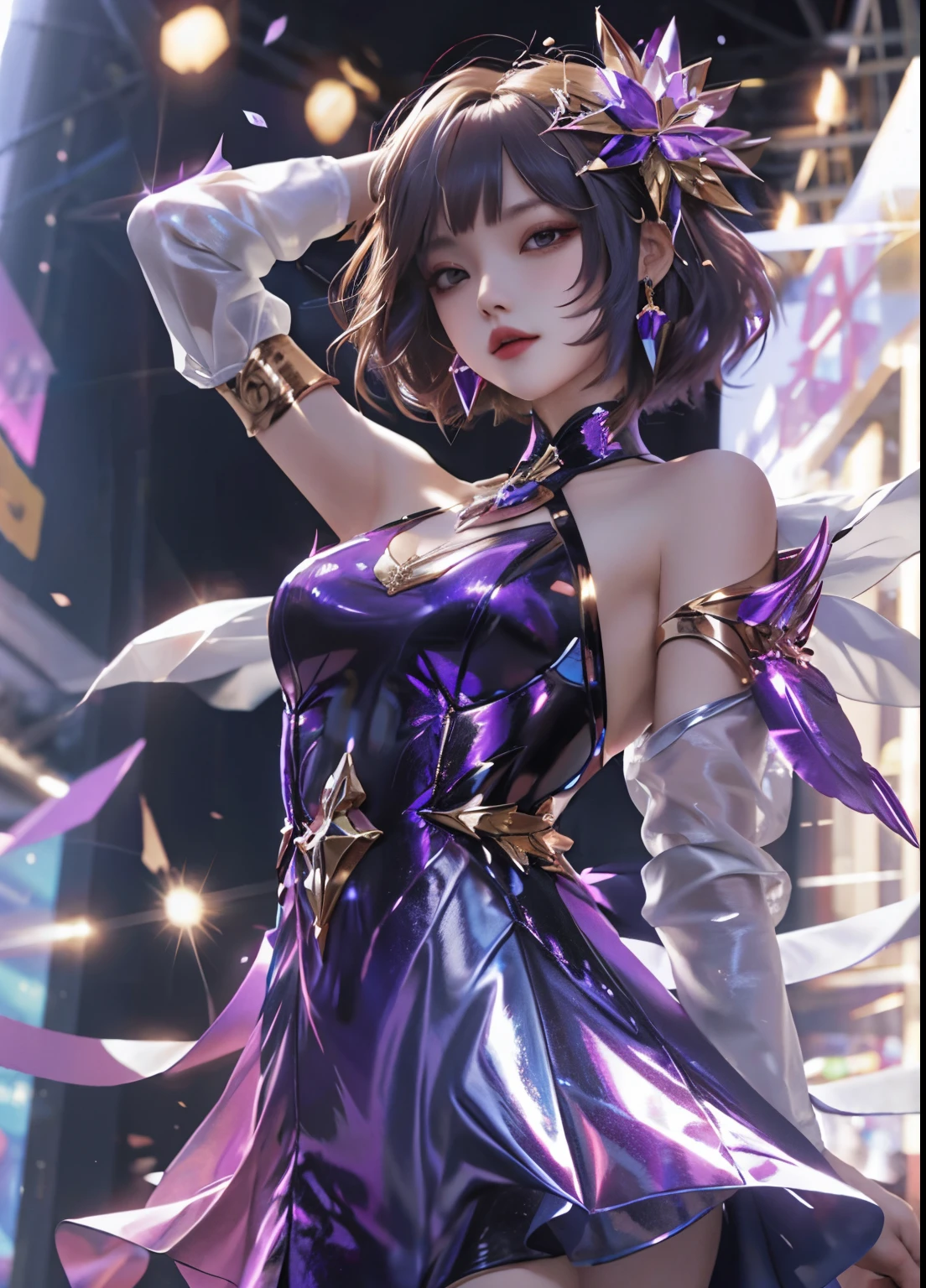 best quality, 1girl, kda, solo,  long hair,  short hair,  dress,