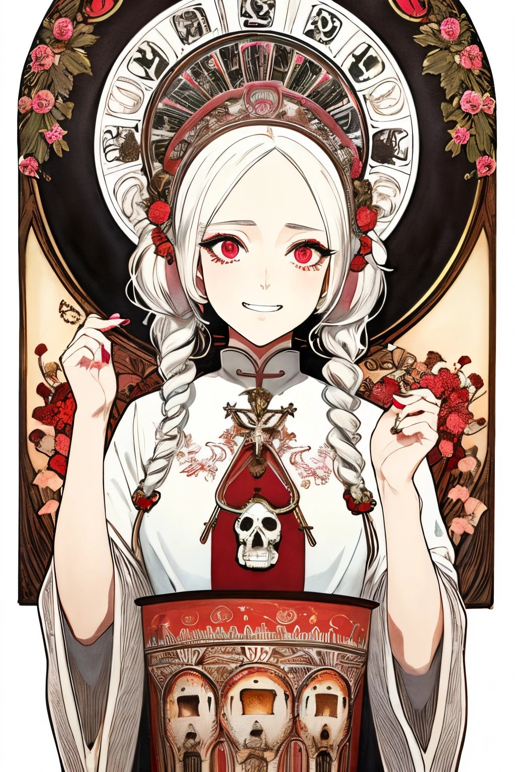SFW,masutepiece, Best Quality, High resolution, 1girl, upper body, Details , detail hands, Detail fingers, Detail Face, detail legs, watercolor paiting, in graveyard, white hair, pigtails, wavy hair, white clothes, red eyes, skull, bone, (art nouveau:1.25), Maximalism artstyle, neon theme, suprematism, beautiful detailed eyes, hyper detailed, beautifuly color, high details, high quality, back light, upper body, high quality, hair with body, white lilys, evil grin, human hands, priest, poisoned chalice