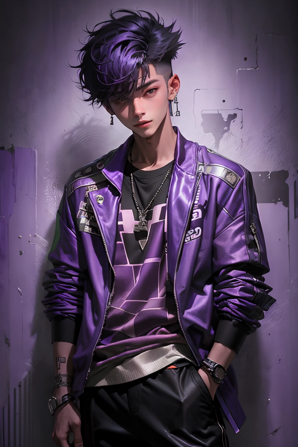 kpop young age boy with fade cut dark purple, attractive open purple jacket with dark blue shirts, smile, attractive, casino background, popstar, He has a normal Putt Putt Troll appearance overall, casino background