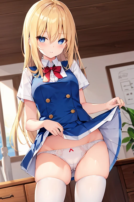 beautiful long blonde blue eyes small tit student clothes a miniskirt White panties are visible Standing skirt lift