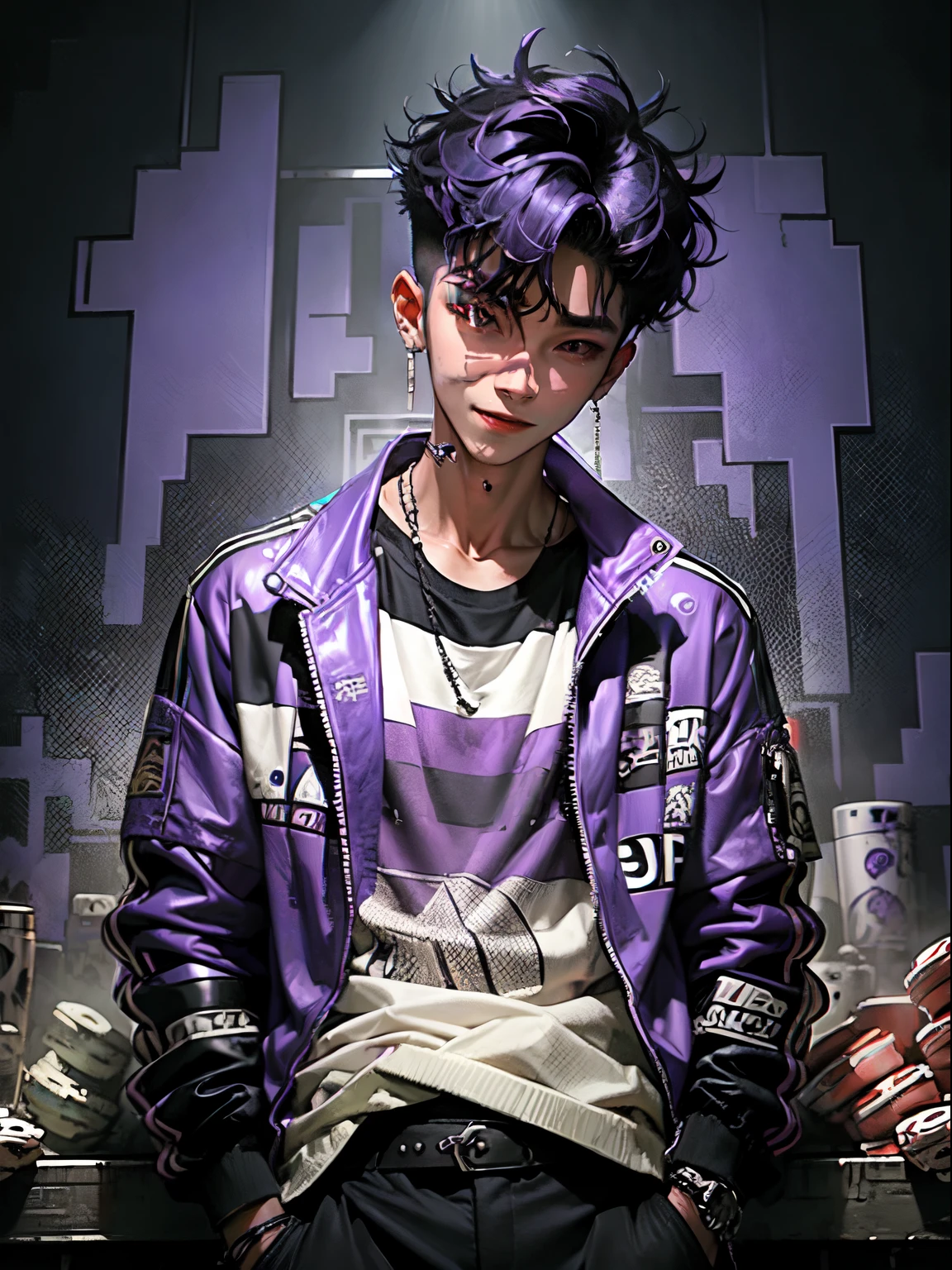 kpop young  boy with fade cut dark purple, attractive open purple jacket with dark blue shirts, smile, attractive, casino background, popstar, He has a normal Putt Putt Troll appearance overall, casino background