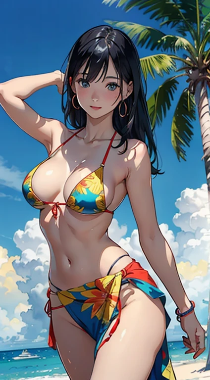 ​masterpiece、top-quality、超A high resolution、 [ 4 k digital art ]!!、 8k high quality detailed art、Wallpaper、 Detailed Digital Anime Art、Realisticity、Cinema Angle、hposing Gravure Idol、((One Beautiful Girl))、cute  face、 (((Detailed depiction of a beautiful face)))、kindly smile、年轻、Bikini swimwear、Photorealistic perfect body、(Bold ethnic patterns wrapped around the waist and skirt and plenty of primary colors)、light Particle、llight rays、Tropical、Against the background of palm trees on both sides、on a sunny beach、Against the background of the sea、blur backgroun、