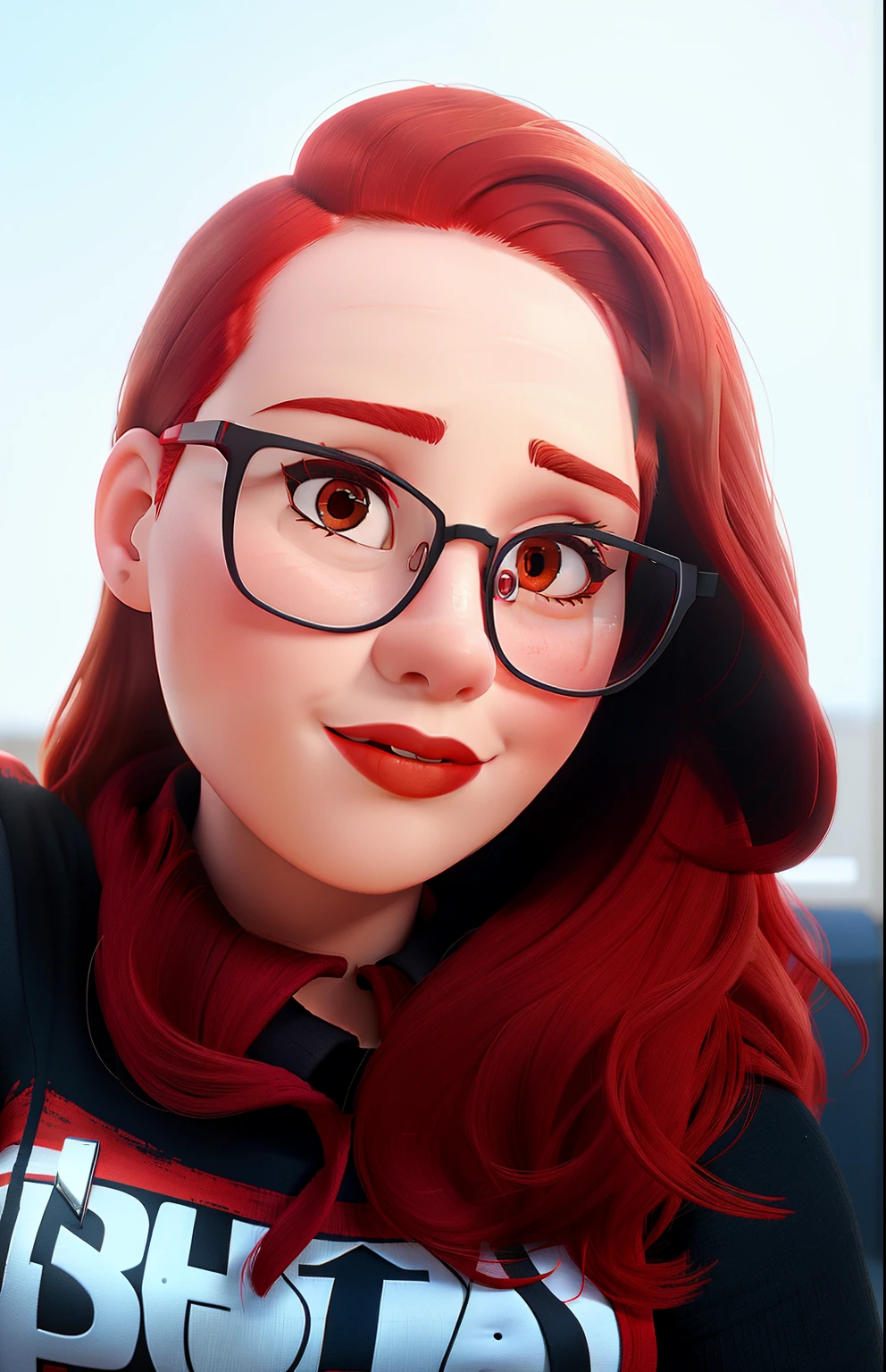 Woman with red hair and lipstick, wearing glasses, chubby