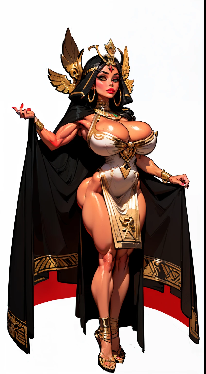 ((side profile)), ((full body view:1.4)), ((masterpiece)),(((best quality))), ((egyptian empress, mature face)), ((middle eastern eyes:1.4)), ((Vulture crown:1.4)), (((septum piercing)), defined cheekbones, high cheekbones, illustration, ((muscular:1.3)), ((gold:1.4)), sexy bimbo, (gigantic breasts:1.7) ((long Egyptian headpiece)), black hair, ((detailed face:1.4)) beautiful woman, (egyptian:1.4), colored skin, (black skin:1.4) , (red lipstick:1.4), shiny skin, ((skindentation)), scribbles and marks,(puffy lips:1.4) , (temple: 1.5), ( at night: 1.5), rough sketches, pose, 8k,16k, ( background, white background: 1.3) ((warm color palette)), ((ancient aesthetic))