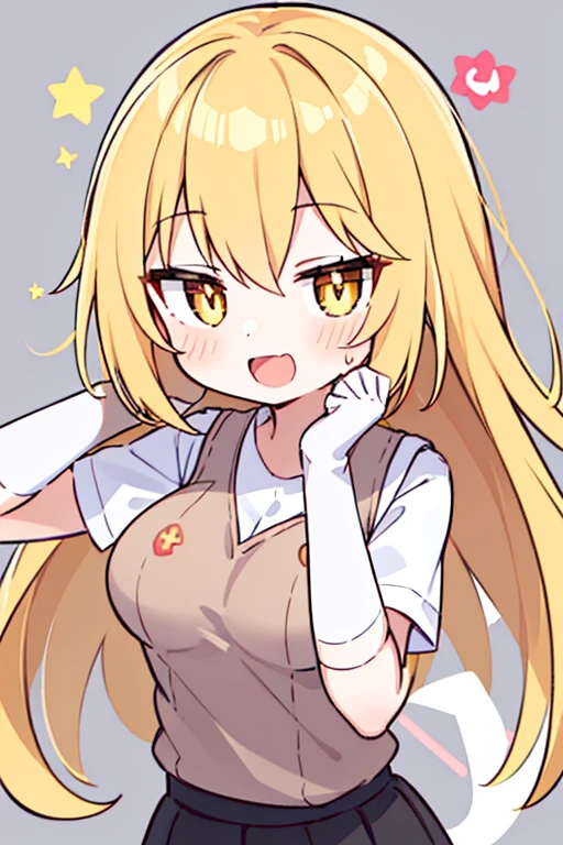 Misaki Shokuhou, Misaki Shokuhou, Blonde hair, hair between eye, Long hair, (symbol-shaped pupils:1.5), (Yellow eyes:1.5), Break Elbow Gloves, gloves, School uniform, Short sleeves, Summer uniform, White Gloves, (Light brown sweater vest:1.2), (Black bra), Pleated skirt, Miniskirt, (Best Quality, 8K, 32K, masutepiece, nffsw:1.3), 1girl in, (Slender figure, Perfect body :1.2), ((Very detailed)), (Perfectly detailed face), (Highly detailed hands), Smile, blush, Open mouth, hands on own breasts, Large breasts, White background,