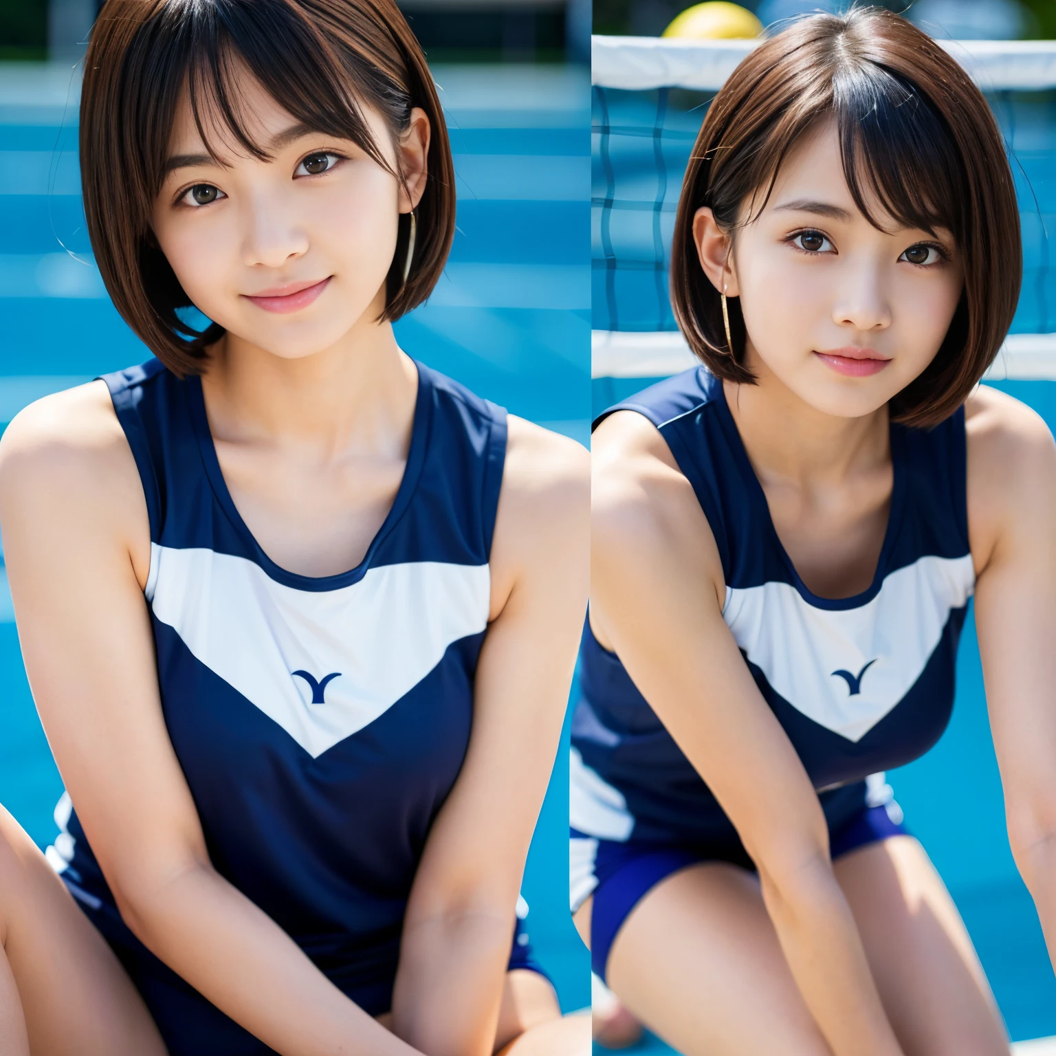 Best-quality, Masterpiece, Ultra-High-Resolution, (Photorealistic:1.4), Raw-Photo, Extremely-Details, Perfect-Anatomy, 1girl, -yeld, mopopular Japanese idol, portrait, face focus, innocent smile, wearing stylish designed sleeveless volleyball uniform, extremely cute face like a most famous Japanese idol, extremely beautiful big black solid circle eyes, extremely beautiful short-cut-haired, detailed stylish designed sleeveless volleyball uniform, detailed cute face like a most famous Japanese idol, detailed beautiful big black solid circle eyes, detailed beautiful short-cut-haired