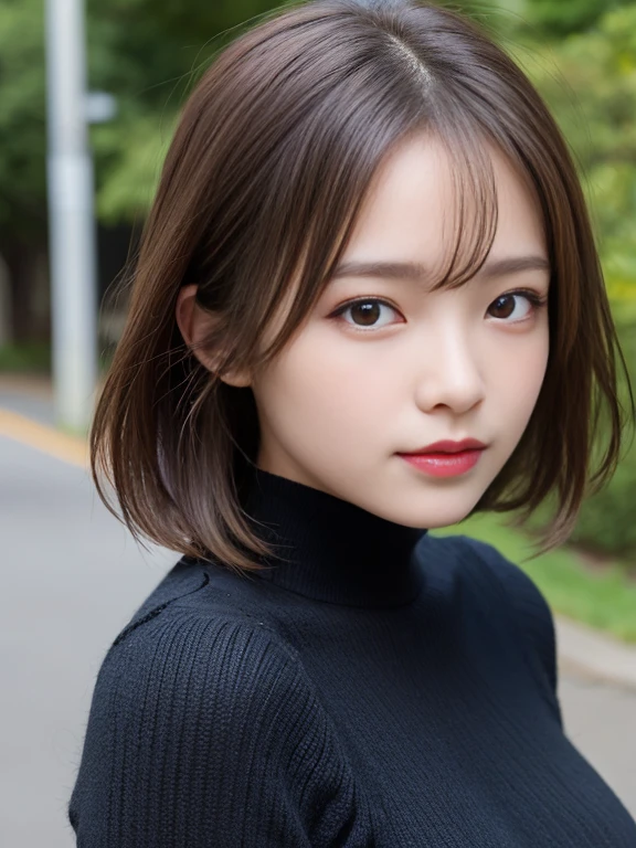 Detailed details,、hight resolution、hightquality、Perfect dynamic composition、Beautiful detailed eyes、short-hair、Small breasts、Natural Color Lip、Kamimehibuya、20 years girl、1 persons、Transparent skin、Glowing hair、masutepiece、Best Quality、finely detail、hight resolution、8K、The correct state of the human body、Wearing a black knitted dress、randome pose、Gravure Model Pose、Hair soaring in the wind