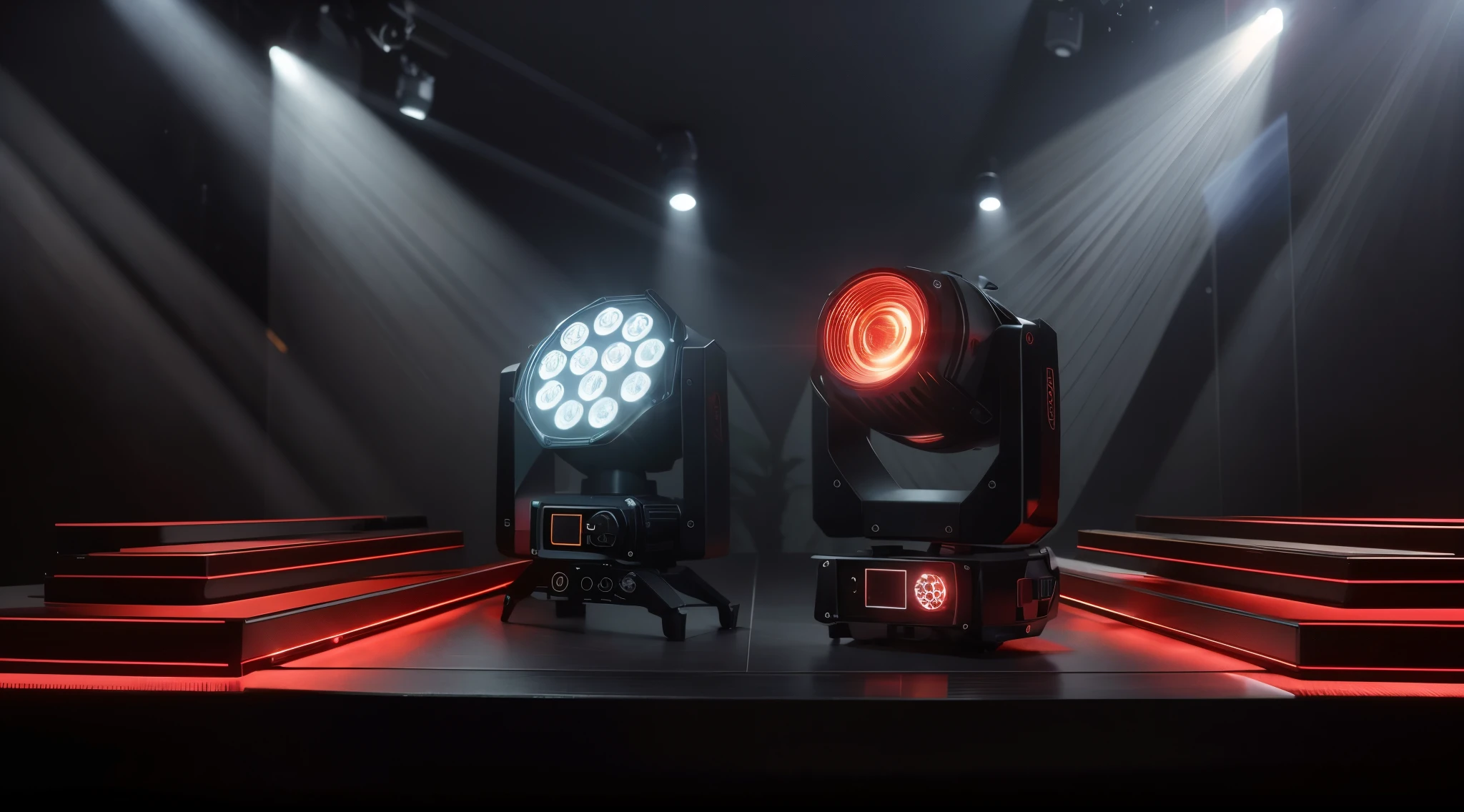 Two moving lights in dark room with spotlight, product lighting. 4k, stage light, Equipped with professional lighting, Strong studio lights, stage lighting, spotlight lights, Moving head beam, spotlight lights, Dynamic light stars, spot lighting, stage light, spotlight lights, Dramatic and cinematic lighting, cinematic lighitnglamplight, profesional lighting, 4k studio lighting