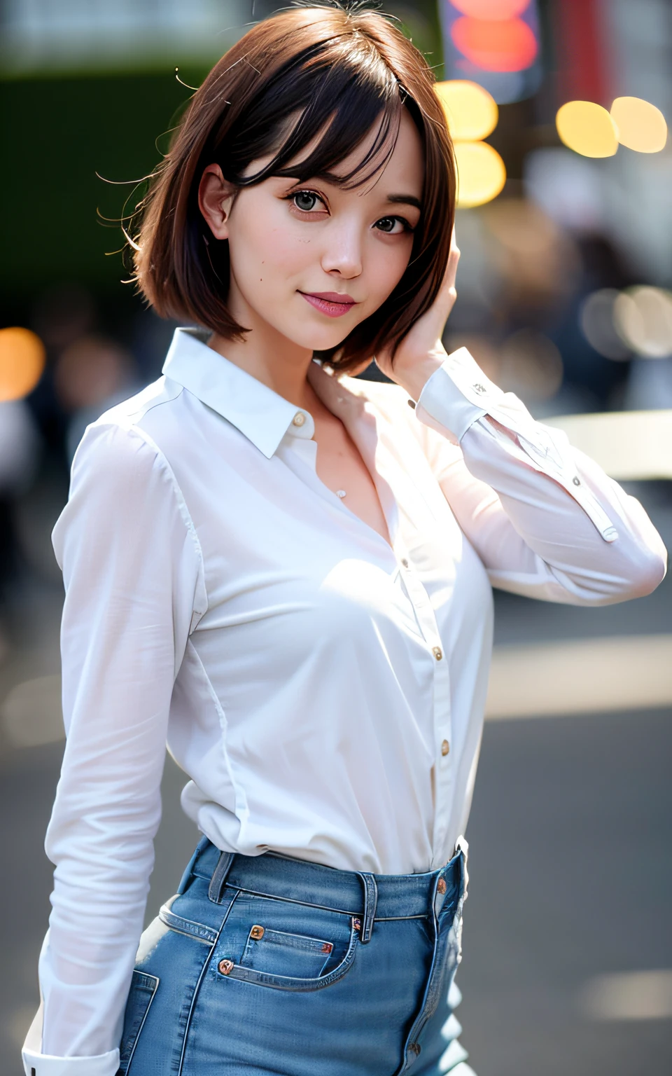jolie fille de 26 ans, sexy, Poser dans la ville, Bokeh, Photo brute, Ultra réaliste, photoréaliste, cheveux longs, brune, séance photo, mode, été, F1.4, petit sourire, beau visage, Aptitude, gros seins, portant une chemise blanche et un jean skinny, peau texturée de haute qualité, lunettes de soleil sur la tête, japonaise, Tokyo la nuit