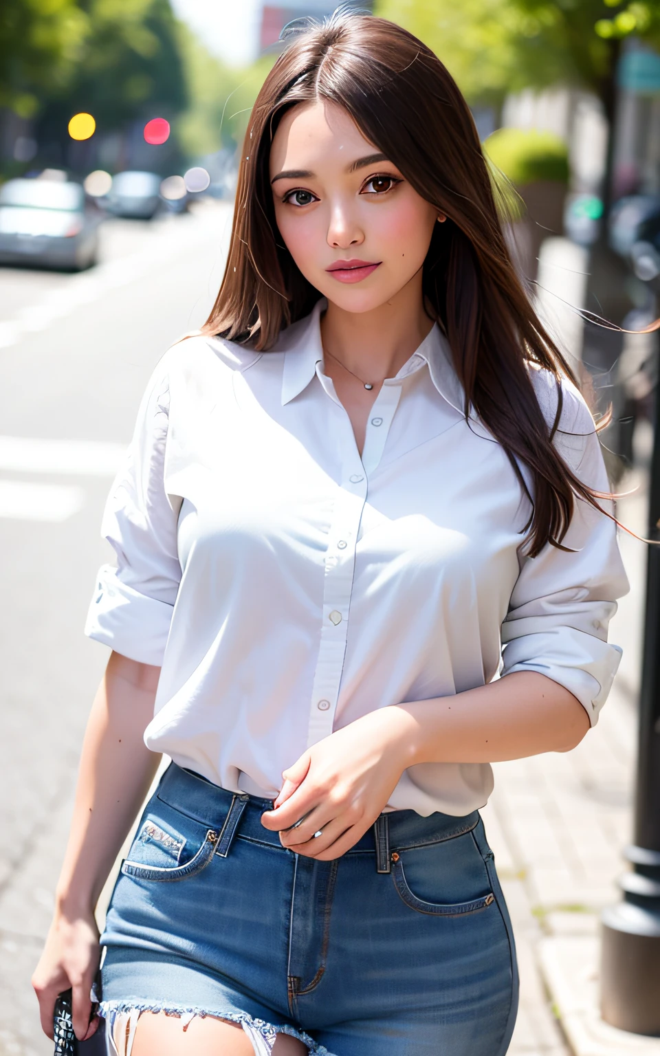 jolie fille de 26 ans, sexy, Poser dans la ville, Bokeh, Photo brute, Ultra réaliste, photoréaliste, cheveux longs, brune, séance photo, mode, été, F1.4, petit sourire, L’heure d’or, beau visage, Aptitude, gros seins, portant une chemise blanche et un jean skinny, peau texturée de haute qualité, lunettes de soleil sur la tête