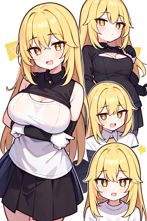 Misaki Shokuhou, Misaki Shokuhou, Blonde hair, hair between eye, Long hair, (symbol-shaped pupils:1.5), (Yellow eyes:1.5), Break Elbow Gloves, gloves, white glow black bra), White shirt, (Black bra), Pleated skirt, Miniskirt, (Best Quality, 8K, 32K, masutepiece, nffsw:1.3), 1girl in, (Slender figure, Perfect body :1.2), ((Very detailed)), (Perfectly detailed face), (Highly detailed hands), Smile, blush, Open mouth, hands on own breasts, Large breasts, White background,