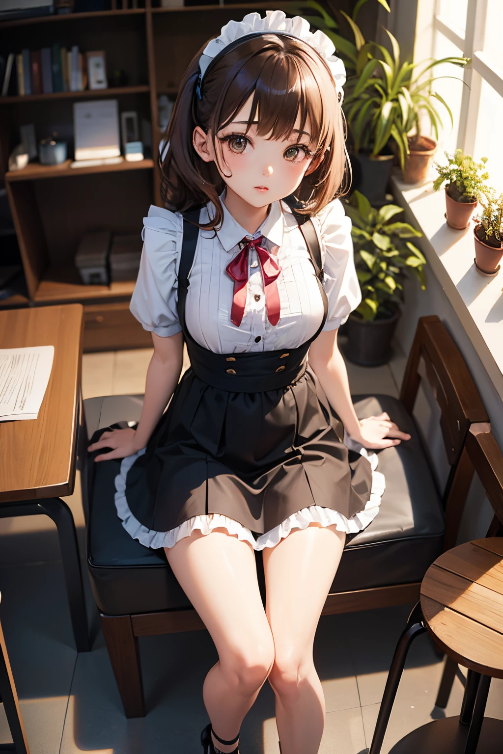 1girl in,a miniskirt、maid clothes、View from above、Exposing the chest、Brown hair、Sit on a stool、high-heels、Plants in the background、Ribbon tie、spread legswide、opens legs、black panties、