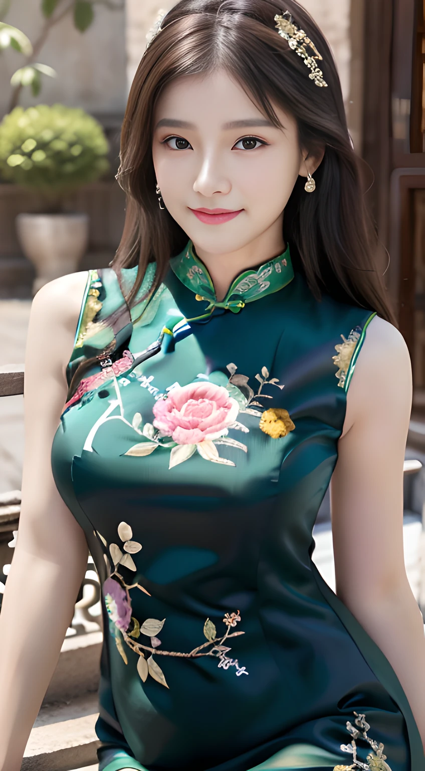ulzzang -6500-v1.1, (Raw foto:1.2), (Photorealsitic:1.4), Delicate beautiful girl,The sparkling eyes have a very nice atmosphere................,18year old, Attractive eyes and moist lips,cabelos preto e longos,(ssmile:1.3),Detailed depiction of the face,Formula details,Detailed depiction of facial features Star Masterpiece Fine Detail,Describe your role in detail,Detailed depiction of hair,Carefully drawn ,My body is bumpy,Detailed depiction of the hand,Clothes drawn in detail,Detailed depiction of the face,face perfect,Detailed depiction of hands drawn in the military,4fingers and 1thumb:1.3),orthofacial,choker necklace,lipsticks,eardrop,,Photo of three-quarters,Works of masters,Infinitely close to reality,(Upper body photo:1.3),Highest image quality,best qualtiy,infinite details,8K分辨率,(((Beautiful patterned embroidered cheongsam 1.3))),((dark green cheongsam dress))),(Ancient courtyard scene:1.3),A smile, Constriction of the lower back, sexy pose,Bold poses, Beautiful legs visible through the slit of a long skirt