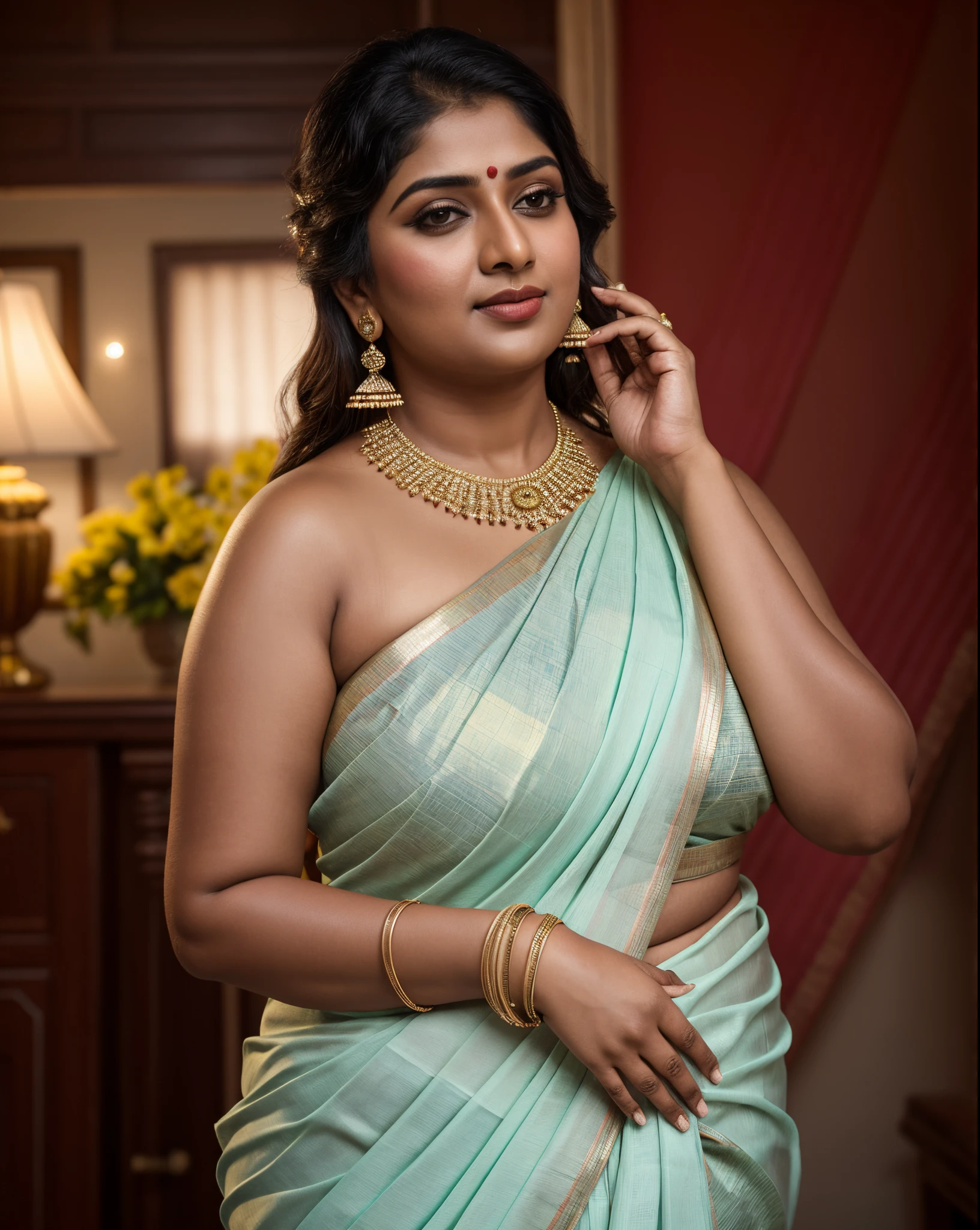 Foto RAW, photorealistic, photography, full body shot, master shot, goddess like beauty, perfect thick chubby mallu Desi aunty bhabhi, Wearing a Stanapatta, a chest-band.Saree model, model Photography, Indian saree shoot, Indian traditional wear advertising photography, traditional wear brand shoot, face of Indian actress Nayanthara, masterpiece, realistic, realism, incredible details,  pleasure, photorealism, detailed skin, skin pores, high contrast, photorealistic Artstation 8k HD digital art trend of high definition and detailed realistic skin texture, ultra detail, realistic skin texture, armature, best quality, ultra high definition, (photorealistic:1.4),, high resolution, detail, raw photo, Re sharp, by Lee Jefferies Nikon D850 Film Stock Photo 4 Kodak Portra 400 Camera F1.6 Lens Rich Color Ultra Real Realistic Realistic Textures Dramatic Lighting Unreal Engine Trending at Art Station Cinestill 800,(pele altamente detalhada: 1.2), 8k UHD, DSLR, soft-lighting, alta qualidade, grain of film, Fujifilm XT3,she didn't like to wear blouse or bra, she  happy to wear only saree, she hates blouse or bra,