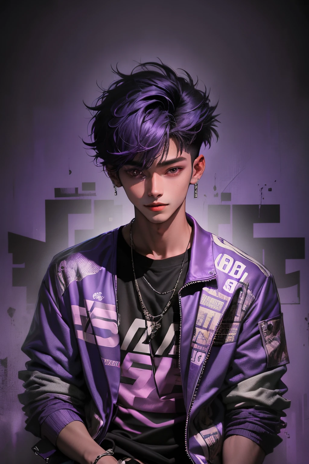 kpop young age boy with fade cut dark purple, attractive open purple jacket with dark blue shirts, smile, attractive, casino background, popstar, He has a normal Putt Putt Troll appearance overall, vaca island casino background