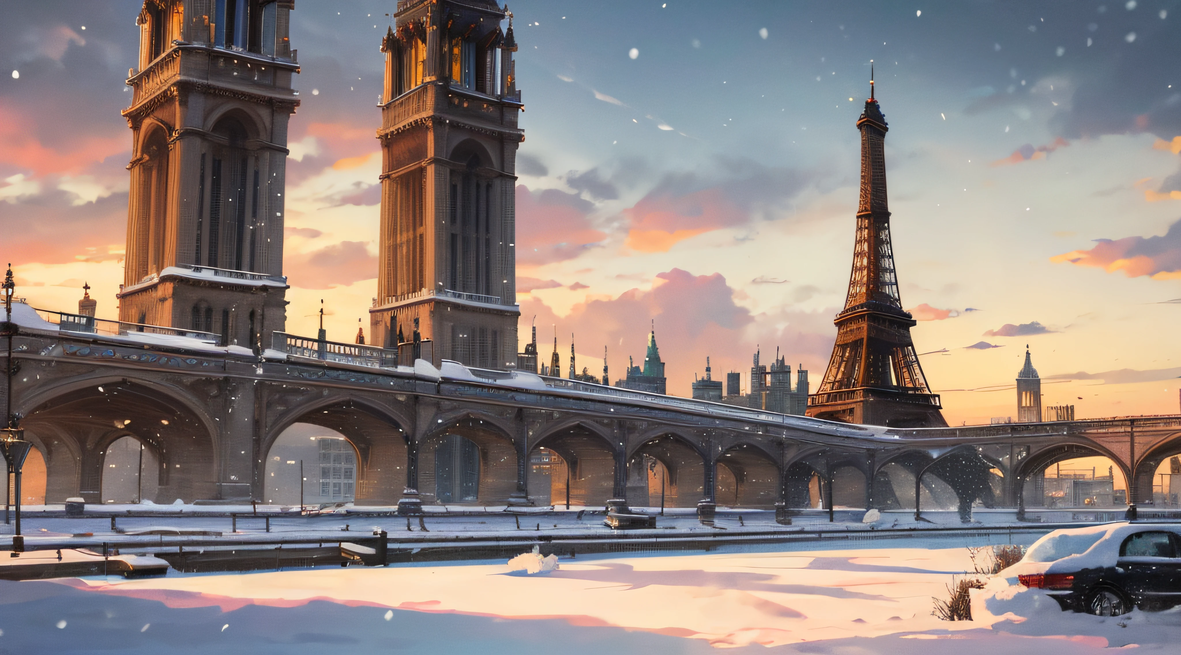 Scenery , City , Snowing , Winter Season , Eiffel Tower , Big Ben , Skyscrapers , Sky , Sun , Breeze , masterpiece , best quality, high quality
