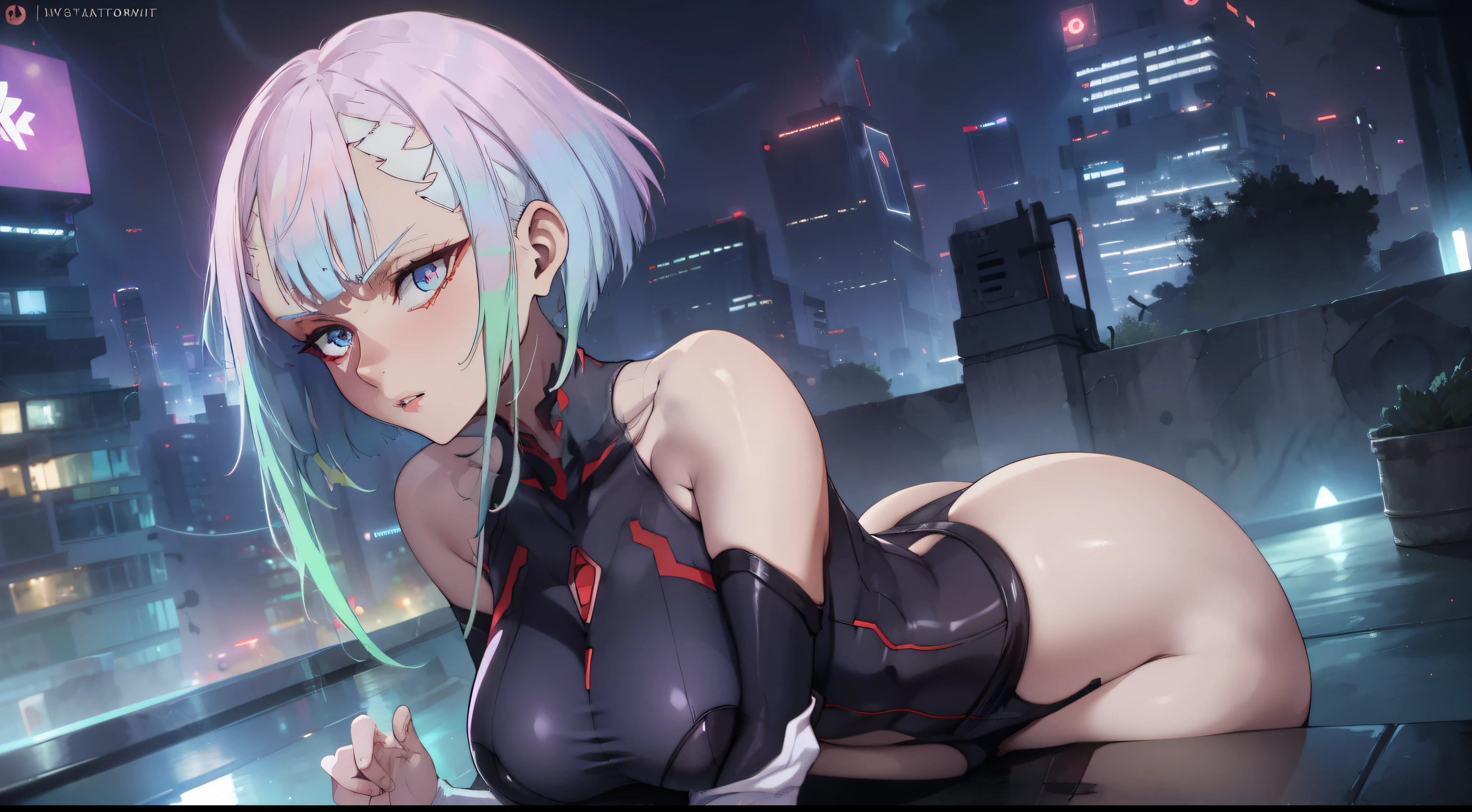 Portrait Of Girl, Face close to the camera, With his back to the viewer, upper-body, the night, Lies, Erotica, Romantic, closeup face (very detailed eyes, Lips 1.1), Face close, extends his hand to the viewer, gloomy composition, gloomy background, Room, Very detailed. stands on the edge of the roof, gloomy atmosphere, very detailed eyes, grey-blue eyes, Beautiful figure, Ruins, ruined city, very detailed eyes, facing the viewer, Beautiful figure (Proper Anatopy 1.1.), in full height (Body Full 1.1), Slim, Slender figure, shapely legs, Anime style, 2B from the anime NierAutomato, white colored hair, Bob hairstyle, Cutouts on the shoulders, Cutouts on the chest, Neckline at the waist, black stockings, Black Short Skirt, Very detailed face, Very beautiful face, in full height (Body Full 1.1), small elastic breasts, Beautiful slim figure, femininity,tmasterpiece,beste-Qualit,higly detailed,8K resolution, High Sharp, 8K resolution, higly detailed, 8K UHD, Professional lighting, Photon mapping,physical based rendering, a perfect face, detailed face and body, ray traced, expressive look,elastic small breasts, Heightened sexuality,