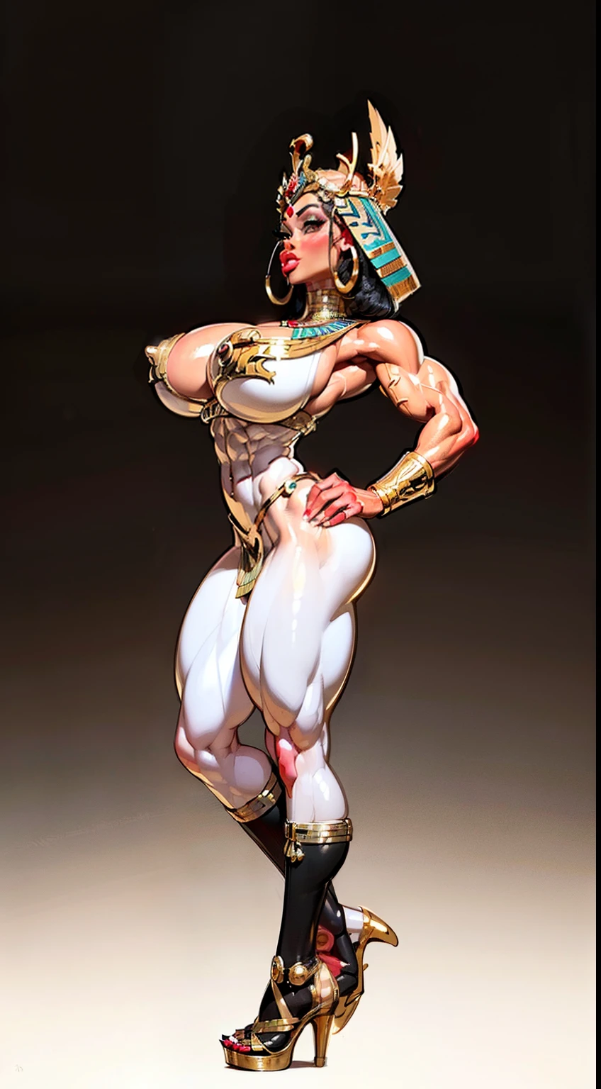 ((side profile)), ((full body view:1.4)), ((masterpiece)),(((best quality))), ((egyptian empress, mature face)), ((middle eastern eyes:1.4)), ((Vulture crown:1.4)), (((septum piercing)), defined cheekbones, high cheekbones, illustration, ((muscular:1.3)), ((gold:1.4)), sexy bimbo, (gigantic breasts:1.7) ((long Egyptian headpiece)), black hair, ((detailed face:1.4)) beautiful woman, (egyptian:1.4), colored skin, (black skin:1.4) , (red lipstick:1.4), shiny skin, ((skindentation)), scribbles and marks,(puffy lips:1.4) , (temple: 1.5), ( at night: 1.5), rough sketches, pose, 8k,16k, ( background, white background: 1.3) ((warm color palette)), ((ancient aesthetic))