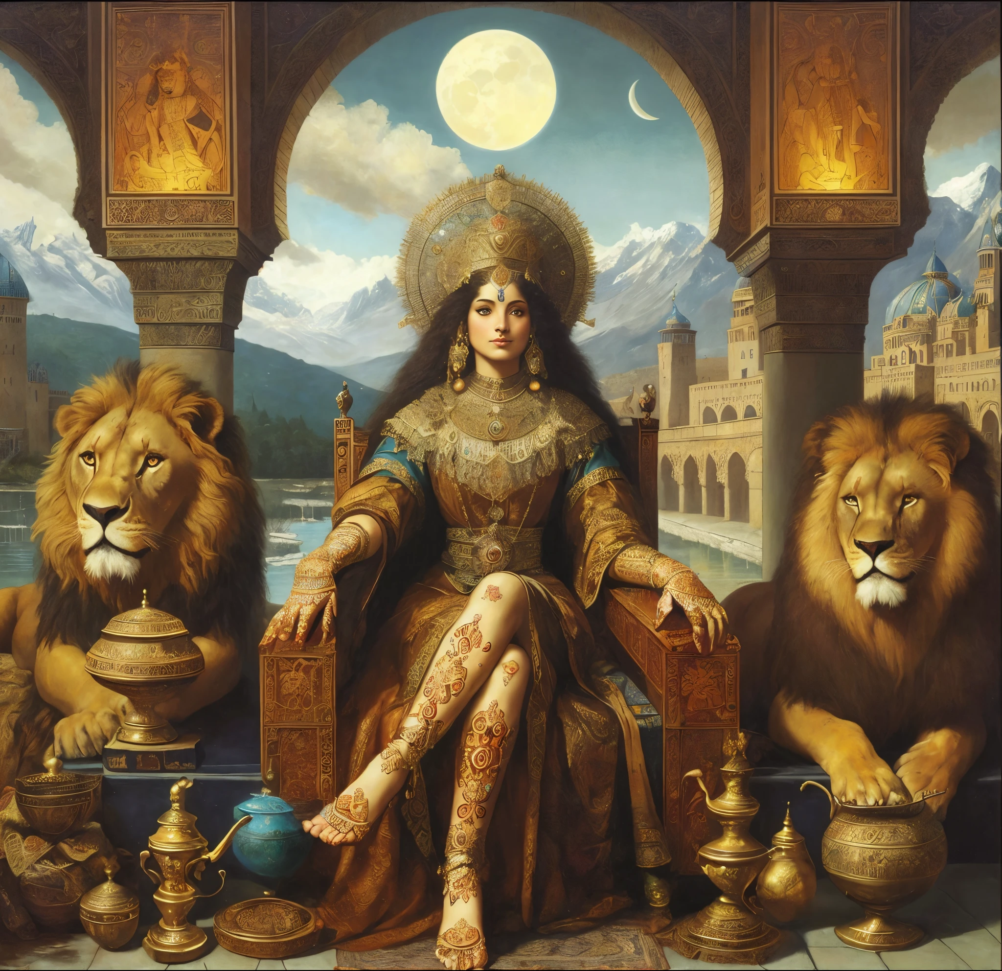 peinture d&#39;une femme assise sur un trône entourée de lions, Reine de Perse, Magnifique déesse du Lion, Princesse persane, Peinture orientaliste, par Alexander Kucharsky, Cléopâtre dans son palais, par John Moonan, inspiré par Michael Cheval, michael cheval (Moteur Unreal, par Michael Cheval, par Galen Dara, Orientalisme sombre et sinistre, Une belle impératrice fantastique