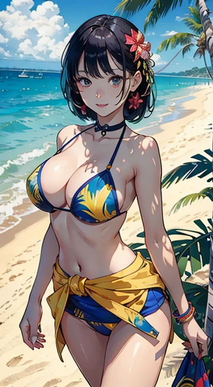 ​masterpiece、top-quality、超A high resolution、 [ 4 k digital art ]!!、 8k high quality detailed art、Wallpaper、 Detailed Digital Anime Art、Realisticity、Cinema Angle、hposing Gravure Idol、((One Beautiful Girl))、cute  face、 (((Detailed depiction of a beautiful face)))、kindly smile、年轻、Bikini swimwear、Photorealistic perfect body、(Bold ethnic patterns wrapped around the waist and skirt and plenty of primary colors)、light Particle、llight rays、Tropical、Against the background of palm trees on both sides、on a sunny beach、Against the background of the sea、blur backgroun、