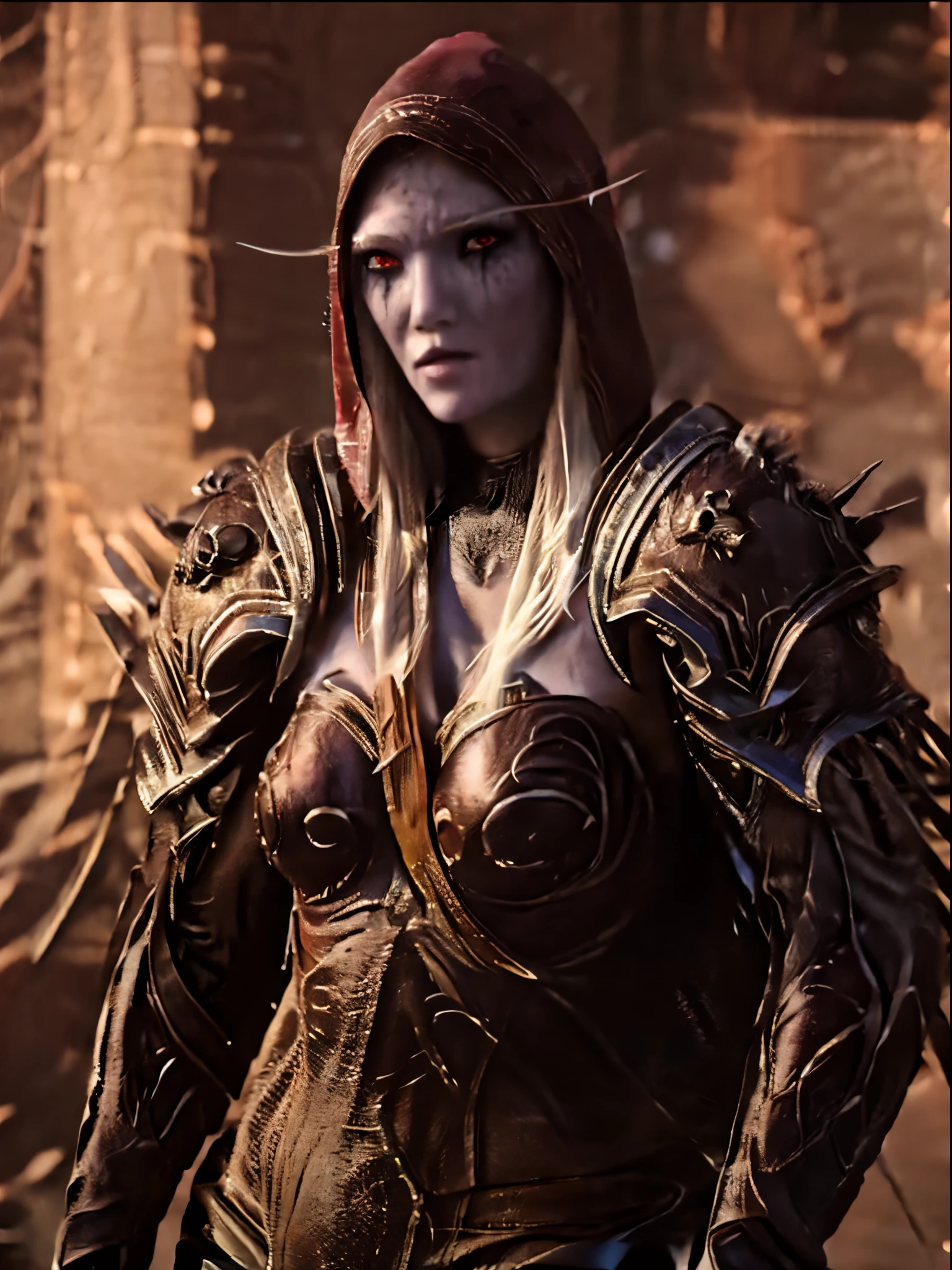 close up photo,realistic, realism, photorealism, photo-realistic, high contrast, (photorealistic:1.4), 8k high definition detailed realistic, (best quality, masterpiece:1.2), NSFW, photon mapping, radiosity, physically-based rendering, best quality, highly detailed,sylvanasw,sks woman, elf, elf ear, hood up, full body, looks at the viwer, red eyes,