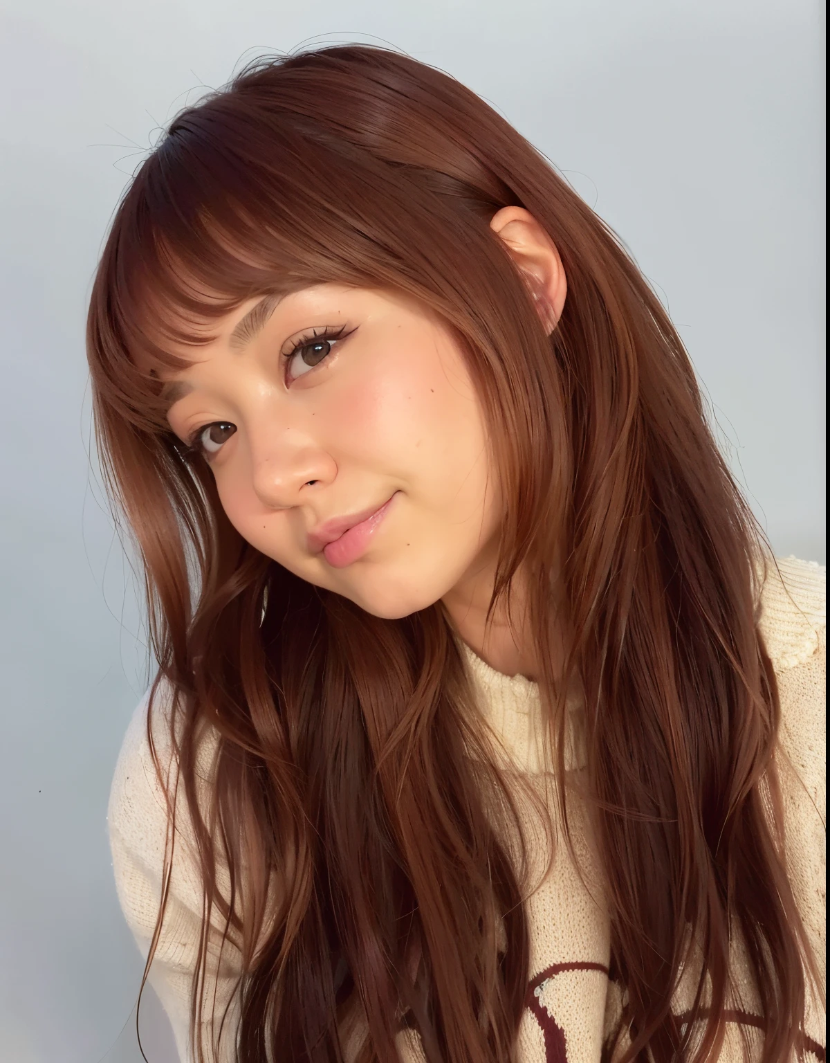 Arafed woman with long brown hair and a white sweater, Chiho, Yoshitomo Nara, El Corte Hime, auburn hair with bangs, brown hair and bangs, brown bangs, ayaka, con flecos marrones, con flequillo, Cabello limpio con flequillo, Chiho Ashima, por Ayami Kojima