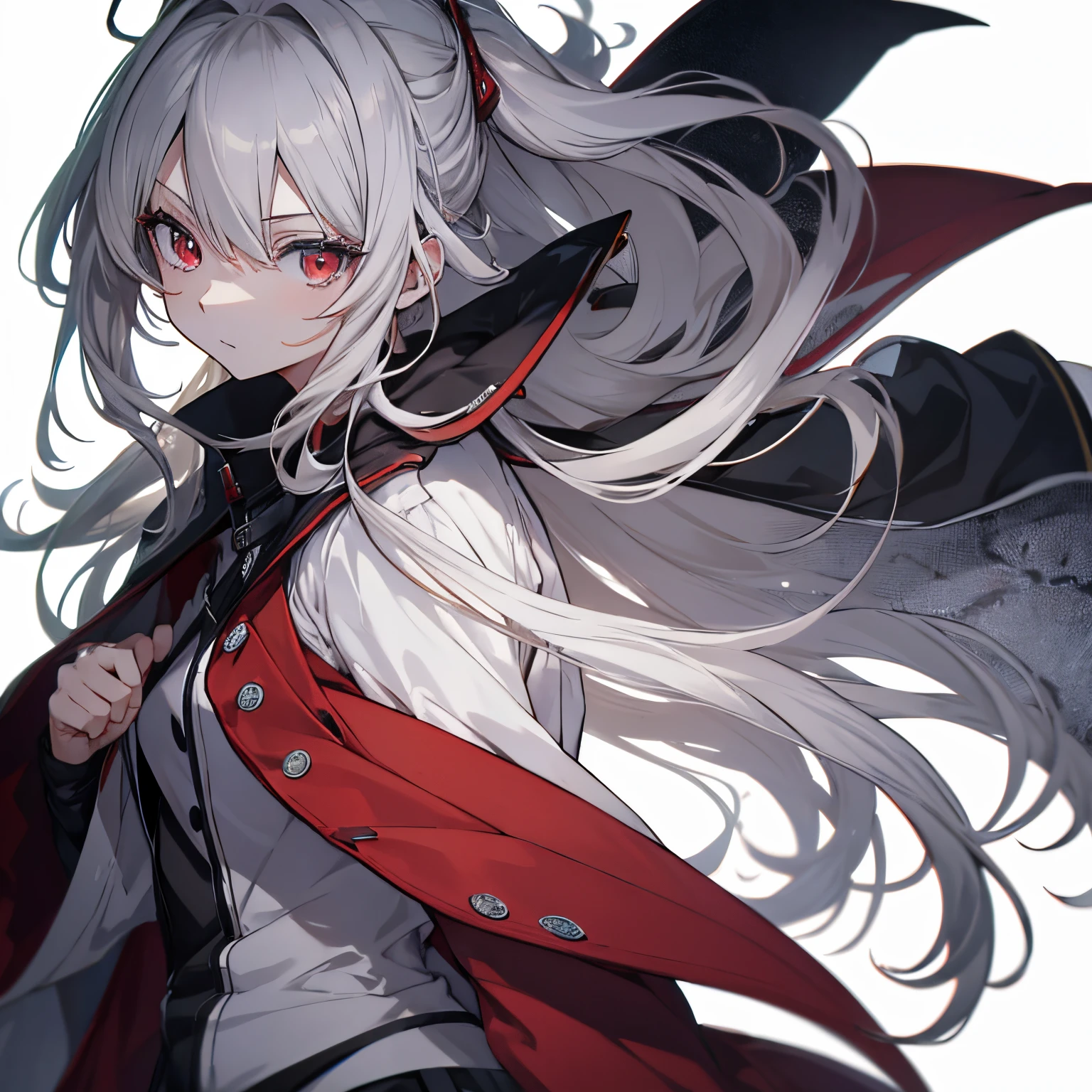 (masutepiece:1.2, Best Quality),  [girl, Manteau, expressioness, , girl with long blonde hair,red eyes, blonde anime girl with long hair Jacket comes off, Upper body] (Gray white background:1.2),