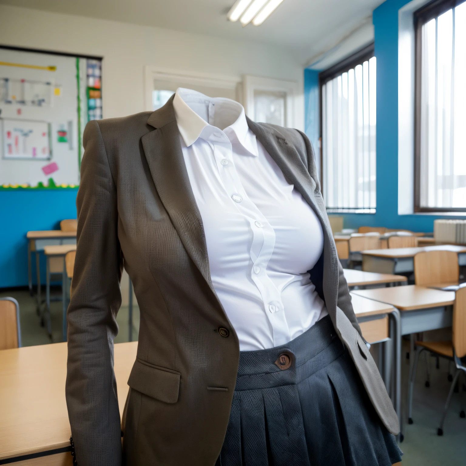 ((chubby, fat)), white shirt, blue stripe tie, school tie, school uniform, __expression__, lean forward, classroom, cute pose, (invisible, no humans, headless, faceless:1.5), very big breasts, (close-up shot of breasts), (8k, RAW photo, best quality, masterpiece:1.2), (realistic, photo-realistic:1.37), photon mapping, radiosity, ((Hasselblad photography)), physically-based rendering