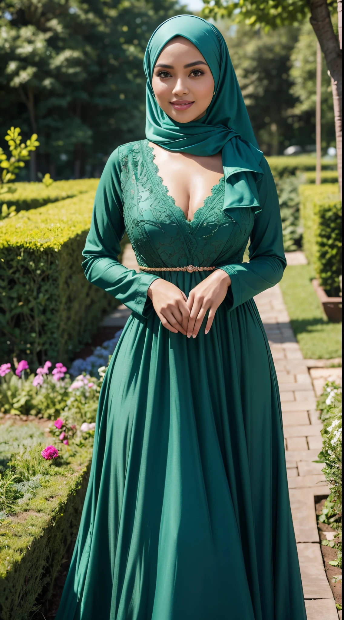 RAW, Best quality, high resolution, work: 1.3, beautiful Malay woman in hijab, beautiful big eyes, smiling, beautiful face, shiny lips, soft smile, medium portrait, watery eyes, big breasts, woman in green dress posing seductively in front of the camera with a background behind garden flowerokeh) , flowing dress, sophisticated dress, with teal clothes, multi-layered clothes, dark green, fully covered dress, dark green dress, graceful dress, wearing an elegant dress, women's long dress, she wearing a dark green dress, full body