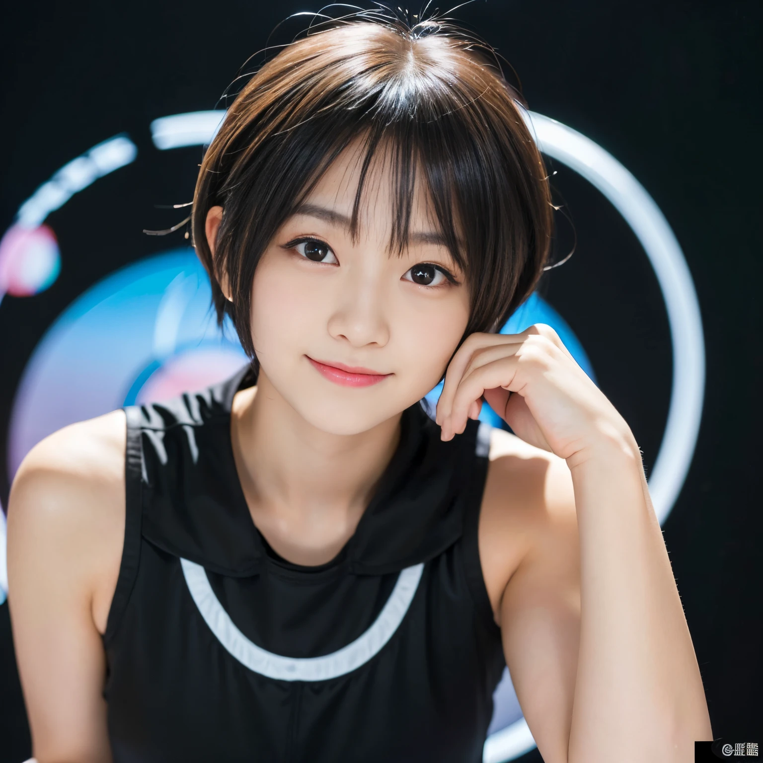 Best-quality, Masterpiece, Ultra-High-Resolution, (Photorealistic:1.4), Raw-Photo, 1girl, 15-years-old, the most famous Japanese idol, at midnight street, wearing only luxurious-hoodie, innocent smile, extremely cute face like the most popular Japanese idol, (((extremely beautiful big-black-solid-circle-eyes))), extremely beautiful black-short-cut-haired, extremely beautiful long-eyelashes, extremely beautiful lips, extremely beautiful skins
