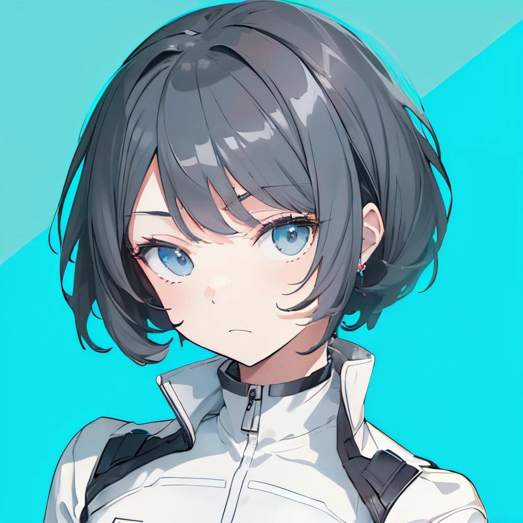 (masutepiece:1.2, Best Quality),  [girl, Manteau, expressioness, Turquoise eyes, front facing, jet-black hair, Jacket comes off, Upper body] (Gray white background:1.7),