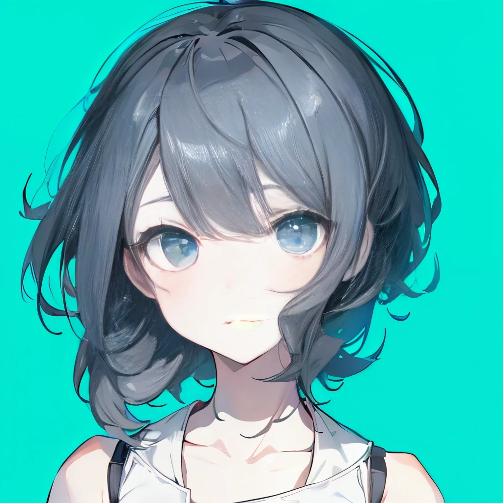 (masutepiece:1.2, Best Quality),  [girl, Manteau, expressioness, Turquoise eyes, front facing, jet-black hair, Jacket comes off, Upper body] (Gray white background:1.7),