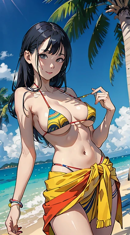 ​masterpiece、top-quality、超A high resolution、 [ 4 k digital art ]!!、 8k high quality detailed art、Wallpaper、 Detailed Digital Anime Art、Realisticity、Cinema Angle、hposing Gravure Idol、((One Beautiful Girl))、cute  face、 (((Detailed depiction of a beautiful face)))、kindly smile、年轻、Bikini swimwear、Photorealistic perfect body、(Bold ethnic patterns wrapped around the waist and skirt and plenty of primary colors)、light Particle、llight rays、Tropical、Against the background of palm trees on both sides、on a sunny beach、Against the background of the sea、blur backgroun、