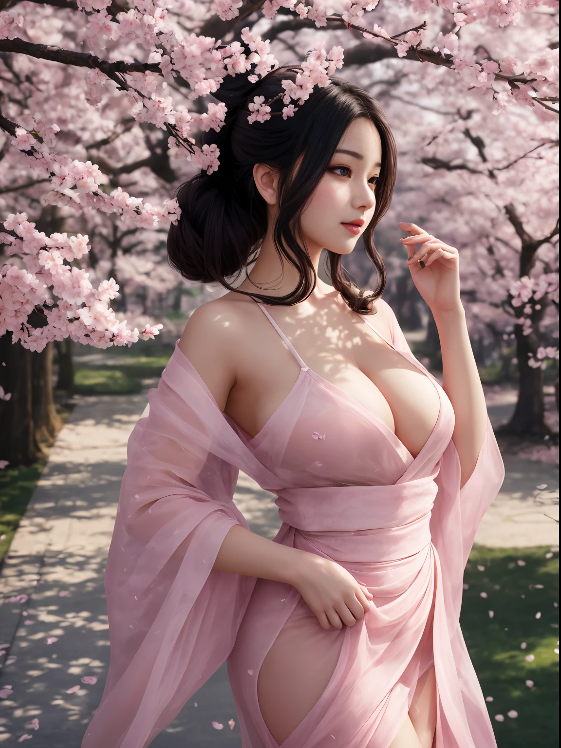 top-quality, tmasterpiece, A high resolution,The eyes are beautiful, (realistically: 1.4), 1 plump girl (( Anne Hathaway:Selena Gomez:0.6))
(((Best quality))), tmasterpiece,Complicated details, depth of fields,Best quality,The content very detailed,A high resolution,4K,超A high resolution,detailed shadow,hyper realisitc,actual,dramatic lights,1 plump girl,Alone,Detailed faces,A detailed eye,Realistic skin,Imagine the scene under the charming lights of the night cherry blossoms , There are stunning beauty there, Reminiscent of a modern girl, Strike a provocative yet elegant pose. Her outfit a blend of tradition and modernity, Wearing a kimono style dress,clinging to her silhouette, Subtly showing off her curveaintain elegance and charm at the same time. The fabric very delicate, almost translucent silk, Casts a captivating effect of light and shadow on her skin, Enhance attractive texture.
Her hair loose, modern updo, Place a few cherry blossoms strategically, Adding a touch of innocence to her otherwise seductive demeanor. Makeup bold yet tasteful, Highlight her stunning eyes and plump lips, Bend into mystery, A knowing smile.
The background blurred pink and white cherry blossoms, A few petals fell gently beside her. The lighting soft and atmospheric, evoke a sense of intimacy and mystery, hori'just like her'Share a taboo story. The camera angle dynamic, Capture her from a low angle, Emphasizing her majestic presence in the night sky.
Her pose blends confidence and vulnerability, Put your hands gently on her hips, Another person also extended his hand,As if inviting the audience into her mysterious world. The overall composition should convey a balance of eroticism and art, Breaking the boundaries of sexy,but did not enter a clear situation.