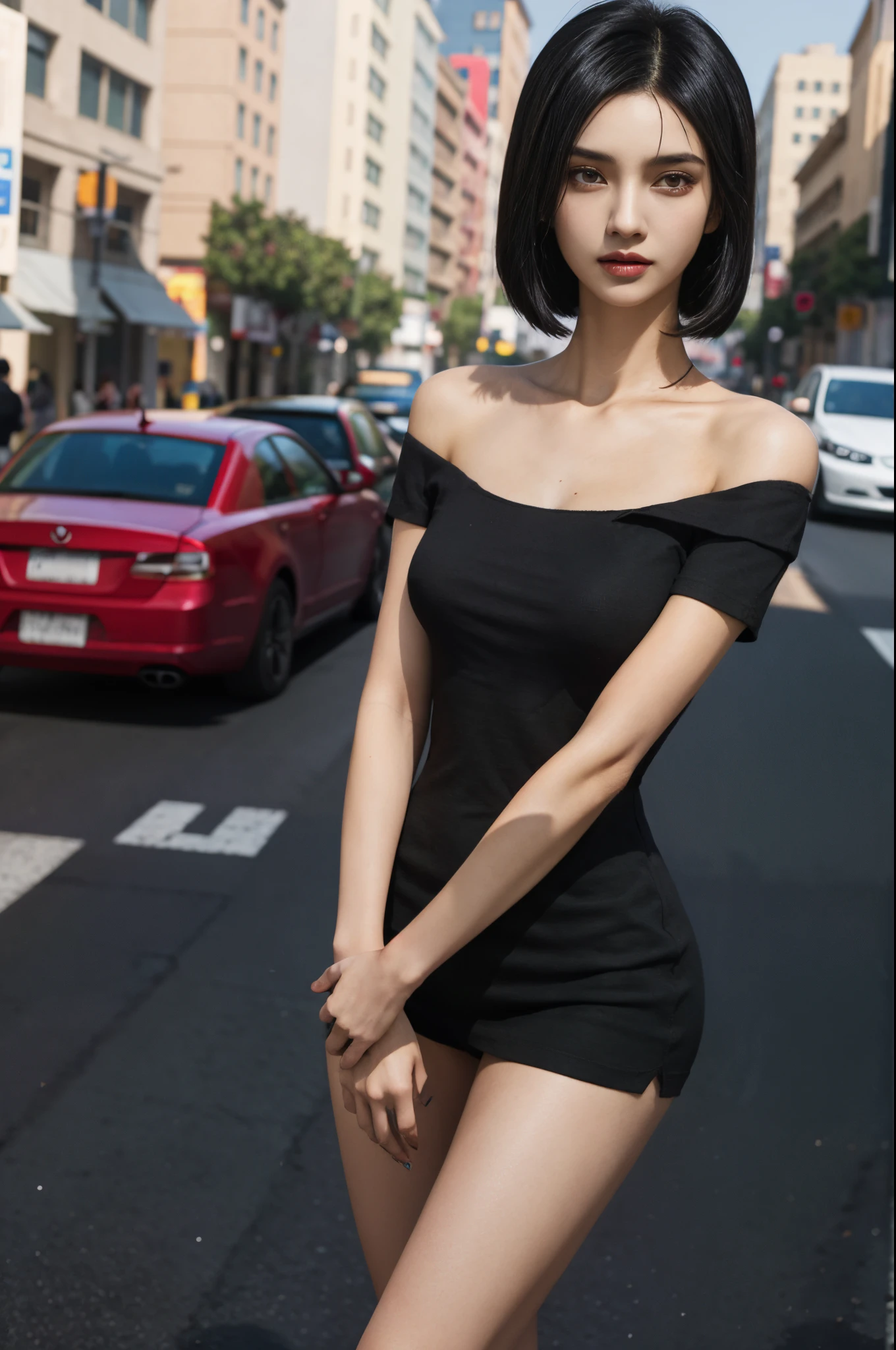 GTA Style,A beautiful girl,shoulder-length straight black bob hair,slim,thin,small breasts,Wearing a black T-shirt, Stand at the crossroads of the street ,32K, Best quality, Masterpiece, Super detail, High details