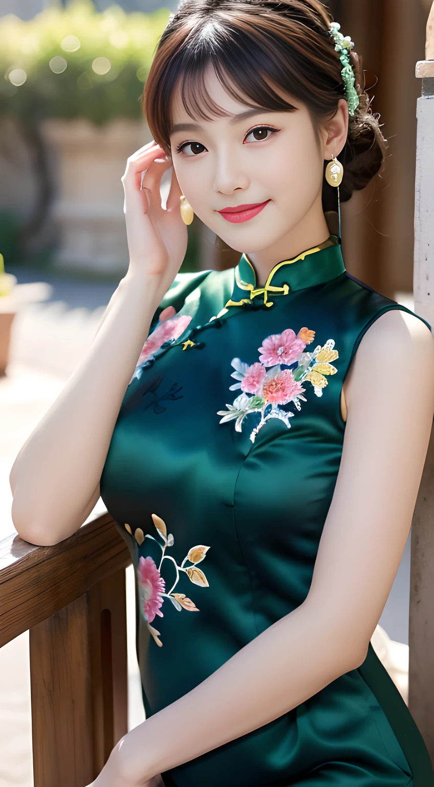 ulzzang -6500-v1.1, (Raw foto:1.2), (Photorealsitic:1.4), Delicate beautiful girl,The sparkling eyes have a very nice atmosphere...................,sixteen years old, Attractive eyes and moist lips,cabelos preto e longos,(ssmile:1.3),Detailed depiction of the face,Formula details,Detailed depiction of facial features Star Masterpiece Fine Detail,Describe your role in detail,Detailed depiction of hair,Carefully drawn ,My body is bumpy,Detailed depiction of the hand,Clothes drawn in detail,Detailed depiction of the face,face perfect,Detailed depiction of hands drawn in the military,4fingers and 1thumb:1.3),orthofacial,choker necklace,lipsticks,eardrop, Works of masters,Infinitely close to reality,(Full body photo:1.3),Highest image quality,best qualtiy,infinite details,8K分辨率,(((Beautiful patterned embroidered cheongsam 1.3))),((dark green cheongsam dress))),(Ancient courtyard scene:1.3),A smile, Constriction of the lower back, sexy pose,Bold poses, Beautiful legs visible through the slit of a long skirt, large full breasts