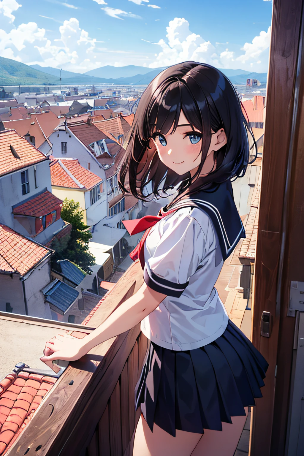 very cute and beautiful school girl,,(very detailed beautiful face and eyes:1.2),(Cowboy Shot),
Smile,Black hair,Seifuku,(Mini skirt),Dynamic Pose,Dynamic Angle,Looking at Viewer,
many european houses with red roofs,(Town overview),
(Best Quality,masutepiece:1.2),Intricate details,Ultra-detailed,8K resolution,Solo,Natural lighting,
Hair fluttering in the wind,Beautiful detailed sky,