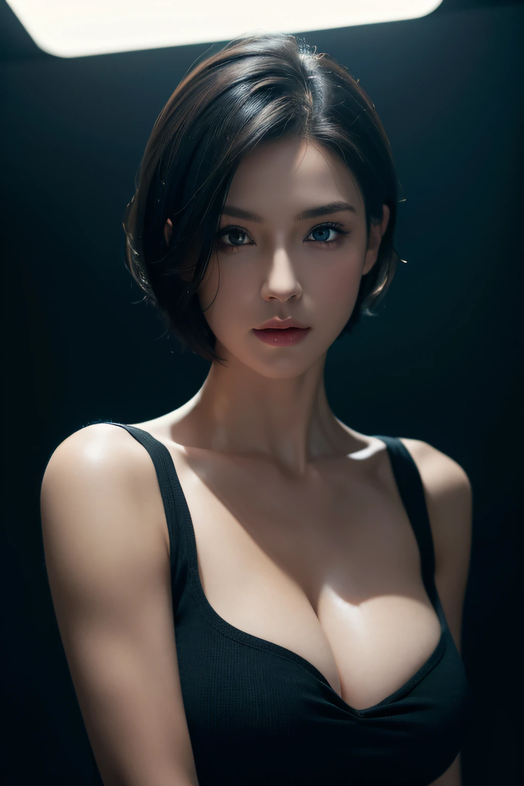 Skin Tight Black Top:1.2, Looking at Viewer, Cinematic lighting, Perfect, softlight, High resolution skin:1.2, Realistic skin texture, Realistic face, off shoulders, Exposed cleavage, Blue eyes, Short hair,