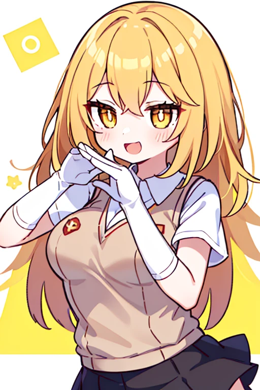 Misaki Shokuhou, Misaki Shokuhou, Blonde hair, hair between eye, Long hair, (symbol-shaped pupils:1.5), (Yellow eyes:1.5), Break Elbow Gloves, gloves, School uniform, Short sleeves, Summer uniform, White Gloves, (Light brown sweater vest:1.2), (Black bra), cleavage cutout, Pleated skirt, Miniskirt, (Best Quality, 8K, 32K, masutepiece, nffsw:1.3), 1girl in, (Slender figure, Perfect body :1.2), ((Very detailed)), (Perfectly detailed face), (Highly detailed hands), Smile, blush, Open mouth, hands on own breasts, Large breasts, White background,