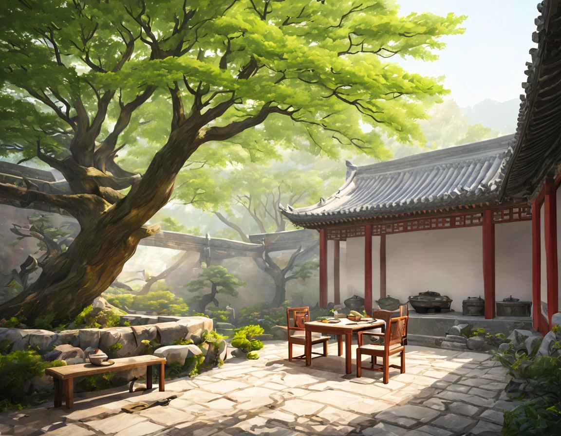 ancient china, a wide indoor yard, white wall surrounding the yard, there is only 1 tree in the yard, under the tree there are stone chairs and a table, spring morning