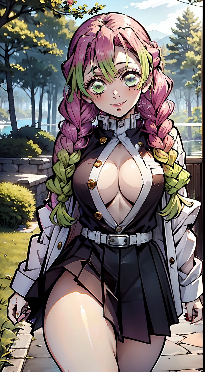 beutiful, (beste-Qualit), tmasterpiece, Awash, Washed, Looks into the frame, Lake, Night Forest, facing the viewer, Very sexy ass, Romantic, Feminine, Super detailed: 1.5), perfect lighting, glittering, Nature, At a distance, body complet, facial focus, a 1girl, ssmile, Smiling, Mitsuri (Demon Slayer), handsome girl, Night Forest, beatiful face (Mitsuri (Demon Slayer), White Haori, black skirt with silver belt and green striped hips, bright pink hair (green at the tips), rose hair (Dark pink), Green Hair Ends, Gradient hair, multi-colored hair, hairlong, quiff, twin braids, green colored eyes, Demon Slayer Uniform, Long sleeve jacket, White Haori, blackskirt, Silver Belt, green striped thighs, blusher, realisti, pectoral muscles,, wide thighs, (Thick rods: 0,9), décolleté, gaze at the viewer,