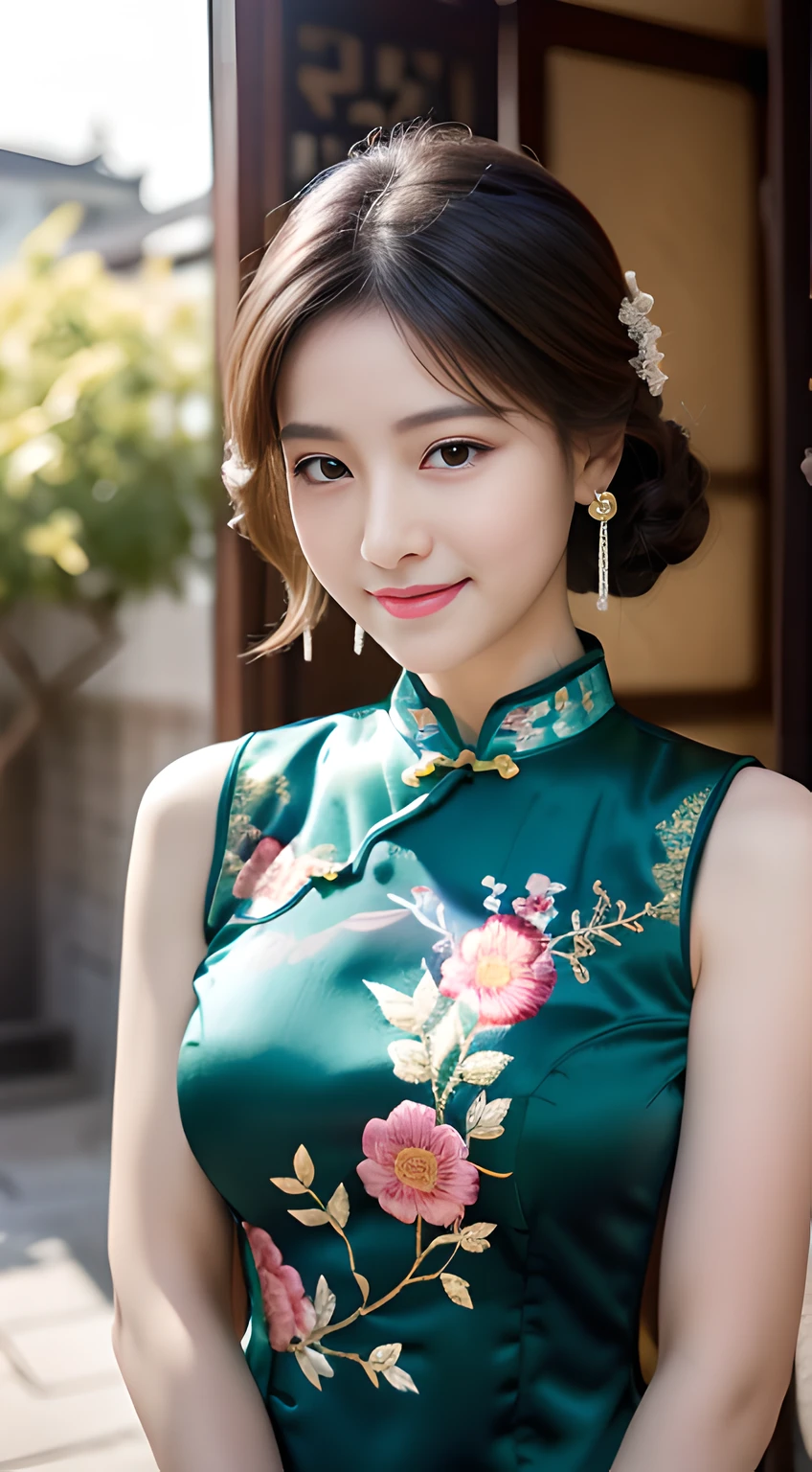 ulzzang -6500-v1.1, (Raw foto:1.2), (Photorealsitic:1.4), Delicate beautiful girl,The sparkling eyes have a very nice atmosphere....................,13years, Attractive eyes and moist lips,cabelos preto e longos,(ssmile:1.3),Detailed depiction of the face,Formula details,Detailed depiction of facial features Star Masterpiece Fine Detail,Describe your role in detail,Detailed depiction of hair,Carefully drawn ,My body is bumpy,Detailed depiction of the hand,Clothes drawn in detail,Detailed depiction of the face,face perfect,Detailed depiction of hands drawn in the military,4fingers and 1thumb:1.3),orthofacial,choker necklace,lipsticks,eardrop, Works of masters,Infinitely close to reality,(Full body photo:1.3),Highest image quality,best qualtiy,infinite details,8K分辨率,(((Beautiful patterned embroidered cheongsam 1.3))),((dark green cheongsam dress))),(Ancient courtyard scene:1.3),A smile, Constriction of the lower back, sexy pose,Bold poses, Beautiful legs visible through the slit of a long skirt, large full breasts