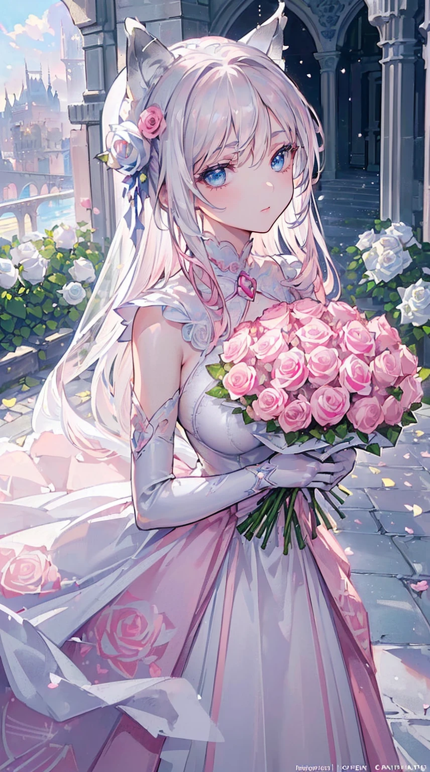 (((masterpiece))), (((highest quality))), ((ultra-detailed)), ((super fine illustration)), ((ultra-fine painting)), (upper body:1.2), (Highly detailed and delicate illustration style:1.45), detailed skin texture, detailed cloth texture, detailed rose flower texture, detailed wood texture, extreme detailed description, (T-masterpiece), (highly detailed face:1.2), original, raw photo, professional, Intricate details, super details, intricate ornament details, perfect anatomy, (-yeld), l, (Solo), ((A very mysterious and sacred silver fox girl with nine tails and blue eyes who is a messenger of God:1.2)) BRAKE ((Beautifu and adorable silver fox ears:1.3)), ((Nine beautiful and adorable silver fox tails:1.2)), (nine silver fox tails:1.2), (nine silver fox tails:1.2), (multiple silver fox tails:1.2), (multiple silver fox tails:1.2), (Beautifully shaped breasts), (Beautifully shaped buttocks), (beautiful and shiny silver hair:1.3), (beautifl clear blue eyes:1.3), (detailed beautiful clear blue eyes:1.6), ((looking at me)), (Smile:1.2), Standing, (Celebration), (beautiful hands and fingertips:1.2) BRAKE (((A beautiful and gorgeous princess dress that is detailed and delicate to be worn at celebratory occasions:1.2))) BRAKE ((Holding in both hands a large bouquet of highly detailed and delicate ((white and pink roses)):1.6)) BRAKE (Daytime sun), (Celebration), ((the castle courtyard with lots of very detailed and delicate pink roses and white roses:1.5)), (8K highest quality wallpaper:1.4), (Highly detailed and delicate background:1.2) BRAKE