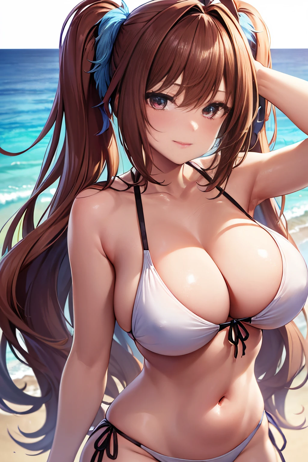 (((masterpiece, best quality, highres, UHD, perfect pixel, depth of field, 4k, RTX, HDR))), 1girl, smile, very huge breasts, brown hair, very long hair, twintails, (red eyes:1), collarbone, white bikini, navel, side-tie bikini, (a sexy), beach, ocean, blue sky, looking at viewer, {{Extremely delicate and beautiful}}, the Extremely Detailed CG Unity 8K Wallpapers, (Shiny hair:1.2), (Shiny skin:1.5),