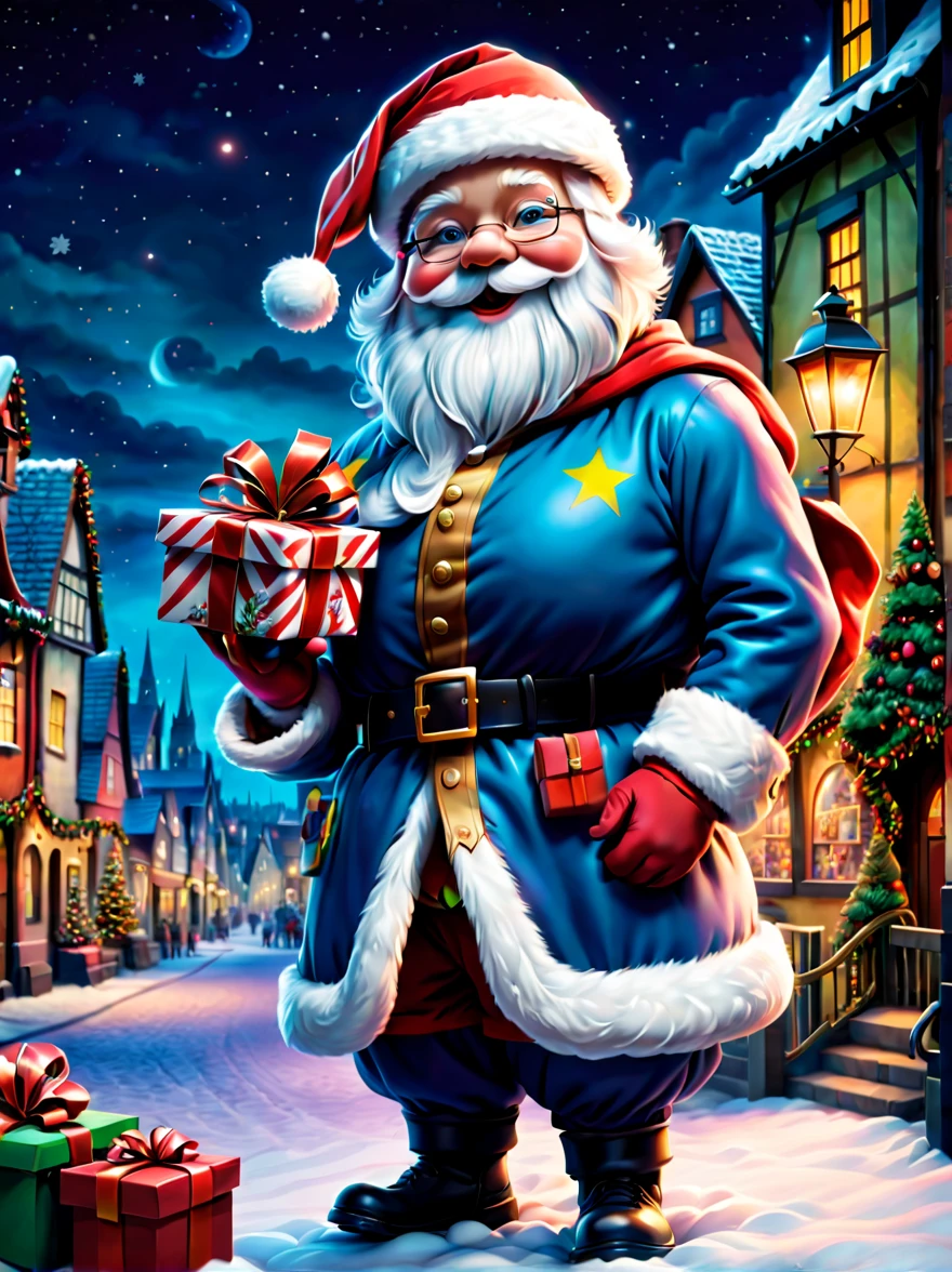 (Faraway view: 1.8), (Snowy night in Christmas town: 1.4), (tmasterpiece, middle, santa, gifts, European Christmas elements,1 snowman wearing a Santa hat: 1.5) , (British - chic illustration: 1.2, vector drawing: 1.2), (british colors, Premium color), (The texture clear, High- sharpness, Best quality at best, The very detailed, tmasterpiece, offcial art, movie light effect, 4K, Anatomically correct, Complete character composition, British children's facial features, Correct human hand characteristics),(vibrant with colors,Ultra-high saturation,The higher the natural saturation)
