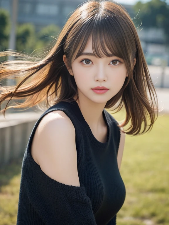 Detailed details,、hight resolution、hightquality、Perfect dynamic composition、Beautiful detailed eyes、poneyTail、Small breasts、Natural Color Lip、Kamimehibuya、20 years girl、1 persons、Transparent skin、Glowing hair、masutepiece、Best Quality、finely detail、hight resolution、8K、The correct state of the human body、Wearing a black knitted dress、randome pose、Gravure Model Pose、Hair soaring in the wind、detailed arms