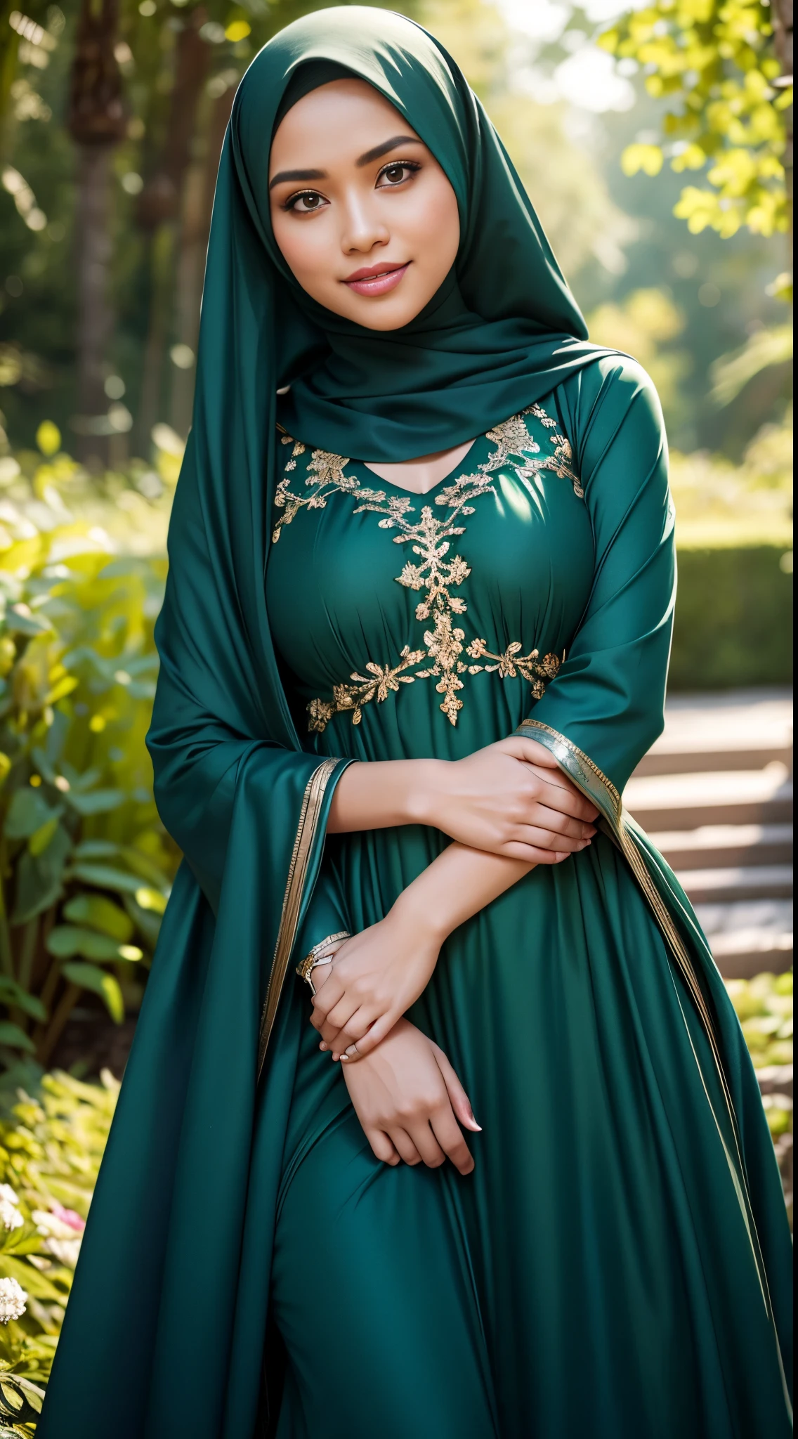 RAW, Best quality, high resolution, work: 1.3, beautiful Malay woman in hijab, beautiful big eyes, smiling, beautiful face, shiny lips, soft smile, medium portrait, watery eyes, big breasts, woman in green dress posing seductively and sexy in front of the camera with a background behind garden flower(bokeh) ,  flowing dress, sophisticated dress, with teal clothes, multi-layered clothes, dark green, fully covered dress, dark green dress, graceful dress, wearing an elegant dress, women's long dress, she  wearing a dark green dress,
