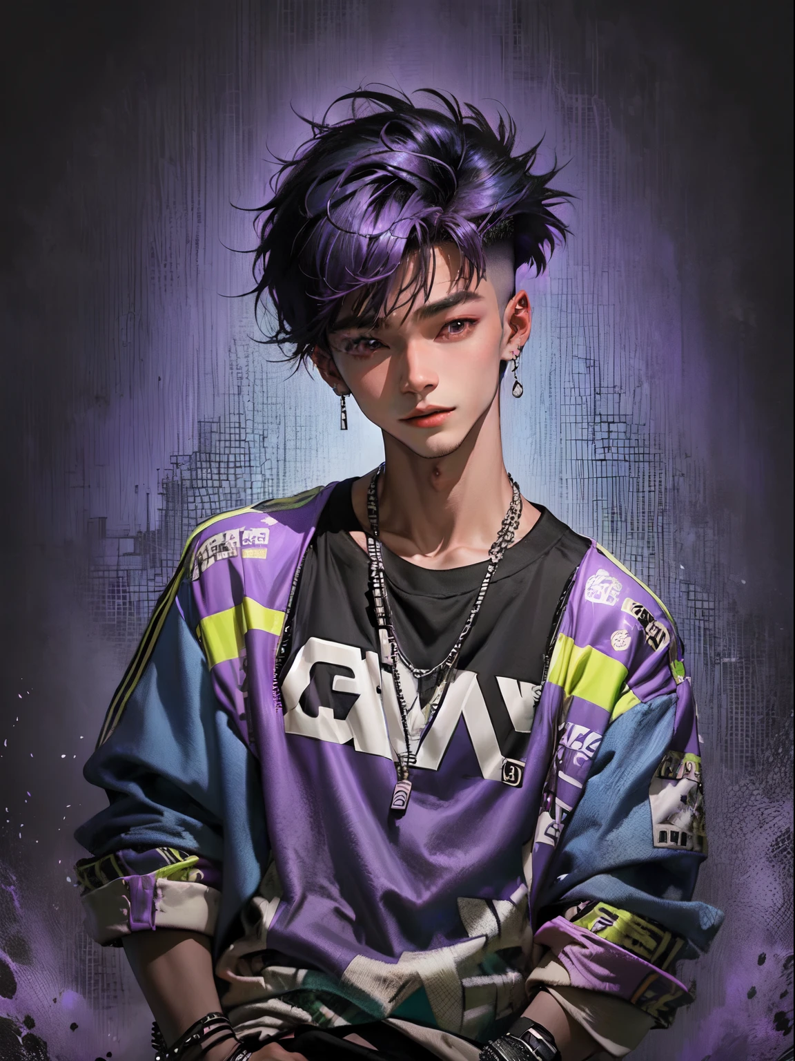 kpop young age boy with fade cut dark purple, attractive open purple jacket with dark blue shirts, smile, attractive, casino background, popstar, He has a normal Putt Putt Troll appearance overall, vaca island casino background, 80s and 90s "surfer dude" outfit or 'surfing Kahauna' style appearance